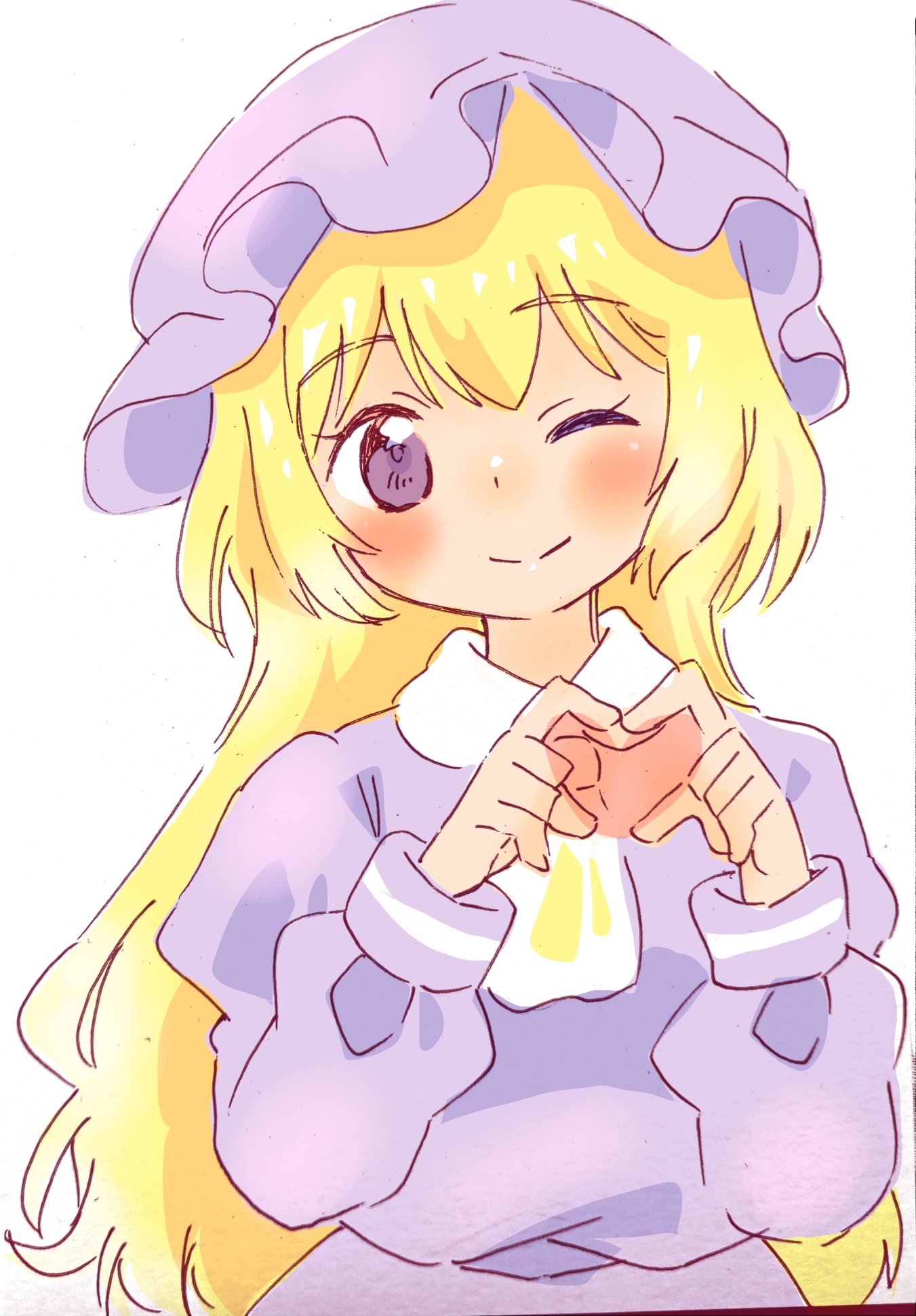 kokonotsu (mozu), maribel hearn, touhou, highres, 1girl, aged down, blonde hair, blush, collar, dress, hat, heart, heart hands, long hair, mob cap, neckerchief, one eye closed, purple dress, purple eyes, purple shirt, shirt, simple background, sleeve cuffs, smile, solo, white background, white collar, white hat, white neckerchief