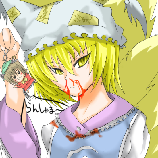 ropesu, chen, yakumo ran, touhou, 1girl, :3, angry, animal ears, blonde hair, blood, cat ears, cat girl, cat tail, earrings, female focus, fox ears, fox tail, hat, jewelry, multiple tails, nosebleed, short hair, solo, tail, yellow eyes