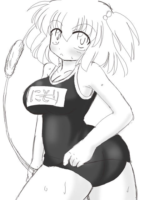 akasode (tyaramu), kawashiro nitori, touhou, 1girl, ass, breasts, female focus, greyscale, hair bobbles, hair ornament, large breasts, monochrome, name tag, one-piece swimsuit, school swimsuit, solo, swimsuit