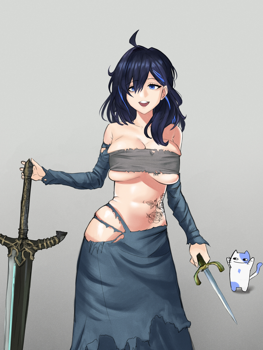 ayase yuu, dark souls (series), dark souls i, fromsoftware, phase connect, breasts, clothing cutout, dagger, hip vent, knife, large breasts, midriff, skindentation, sword, underboob, virtual youtuber, weapon