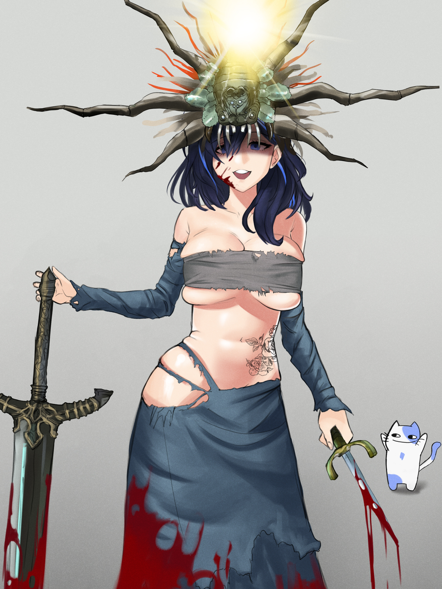 ayase yuu, dark souls (series), dark souls i, fromsoftware, phase connect, blood, breasts, clothing cutout, dagger, headgear, hip vent, knife, large breasts, midriff, skindentation, sword, underboob, virtual youtuber, weapon