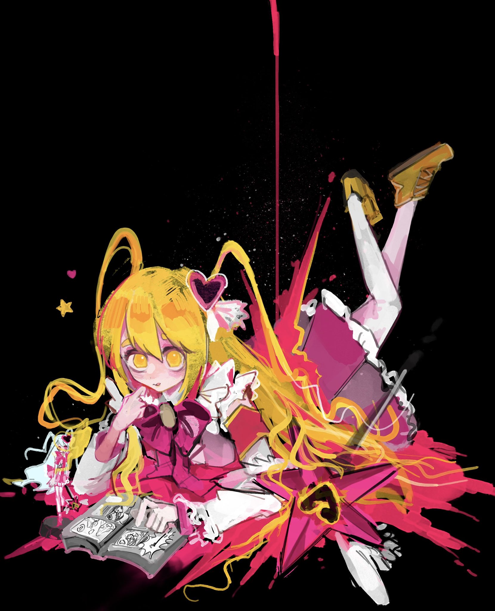 don quixote (project moon), limbus company, project moon, highres, 1girl, armband, black background, blonde hair, book, bow, bowtie, brown shoes, e.g.o (project moon), full body, hair ornament, heart, heart hair ornament, hibari pm, holding, holding book, in the name of love and hate (e.g.o), long hair, long sleeves, looking at viewer, lying, on stomach, pink armband, pink bow, pink bowtie, pink skirt, pink vest, shoes, simple background, skirt, solo, thighhighs, two side up, vest, white thighhighs, winged wand, yellow eyes