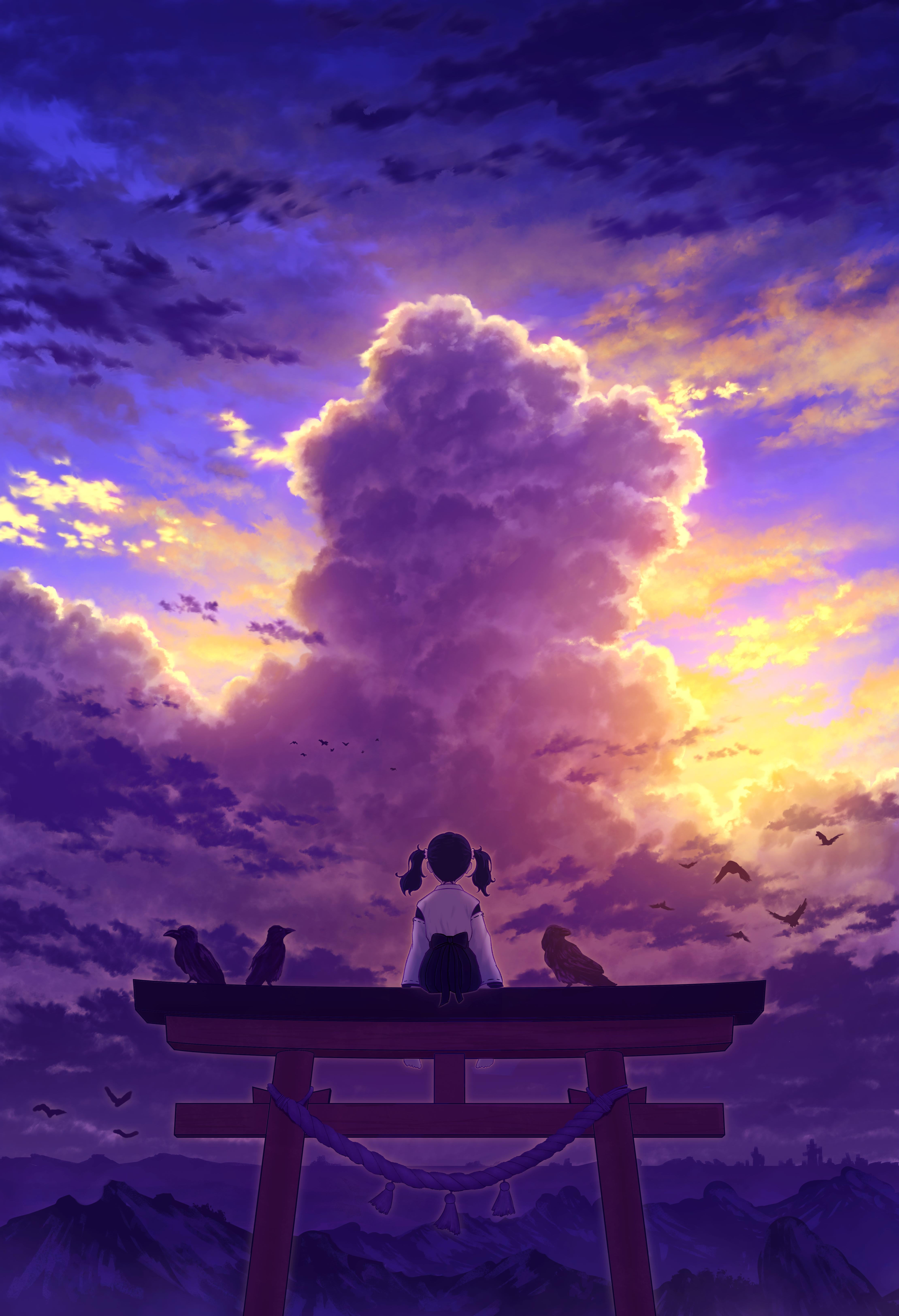 au ito, original, absurdres, commentary request, highres, 1girl, animal, barefoot, bird, black bird, black hair, black skirt, cloud, cloud focus, cloudy sky, crow, cumulonimbus cloud, from behind, medium hair, multicolored clouds, scenery, shirt, sitting, sitting on torii, skirt, sky, sky focus, solo, sunset, torii, twintails, white shirt, wide shot