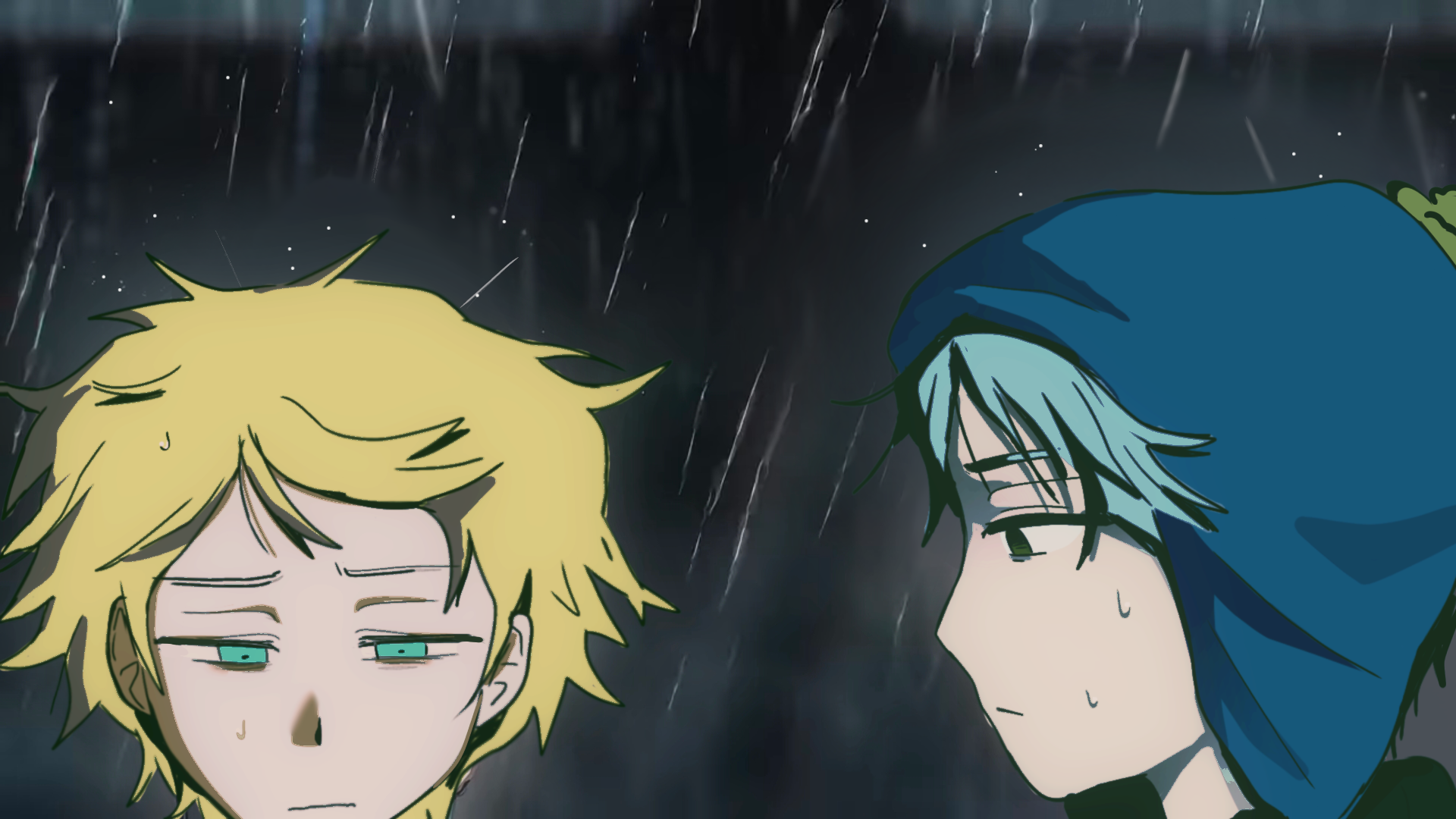 morick, craig tucker, tweek tweak, alien stage, south park, commentary, english commentary, highres, 2boys, aqua eyes, beanie, blonde hair, blue hat, chullo, closed mouth, grey hair, hat, male focus, multiple boys, rain, scene reference, short hair