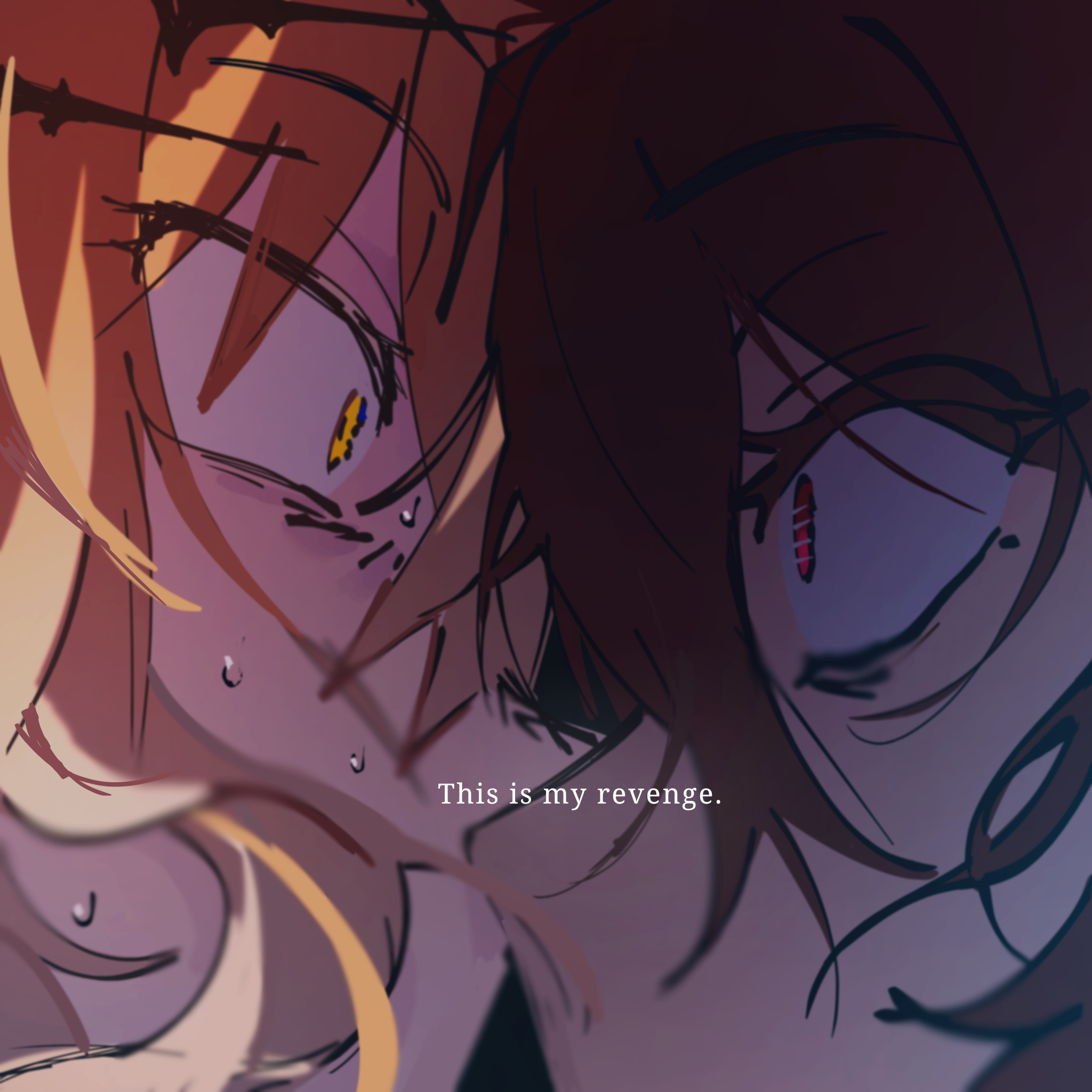 morick, agnes tachyon (umamusume), jungle pocket (umamusume), alien stage, umamusume, commentary, derivative work, english commentary, highres, 2girls, brown hair, comic panel redraw, english text, eye contact, looking at another, multiple girls, red eyes, yellow eyes