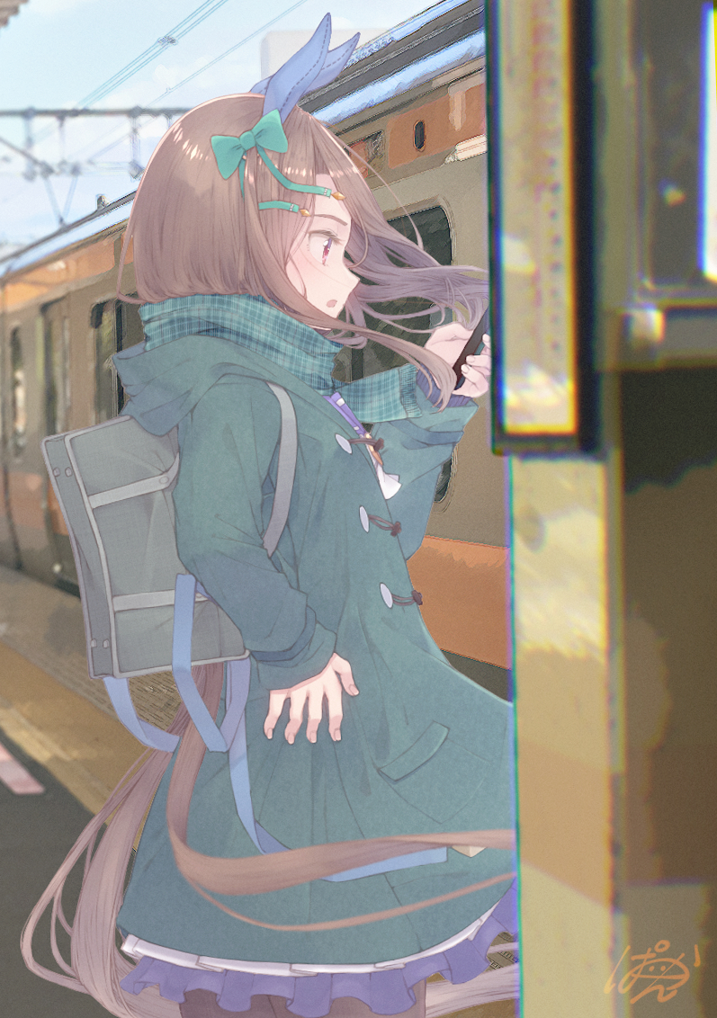 paayan (hagakinorock54), king halo (umamusume), umamusume, 1girl, animal ears, brown hair, coat, duffel coat, holding, holding phone, horse ears, horse girl, horse tail, jr east e233 series, phone, red eyes, scarf, solo, subway, tail, train station, winter, winter uniform