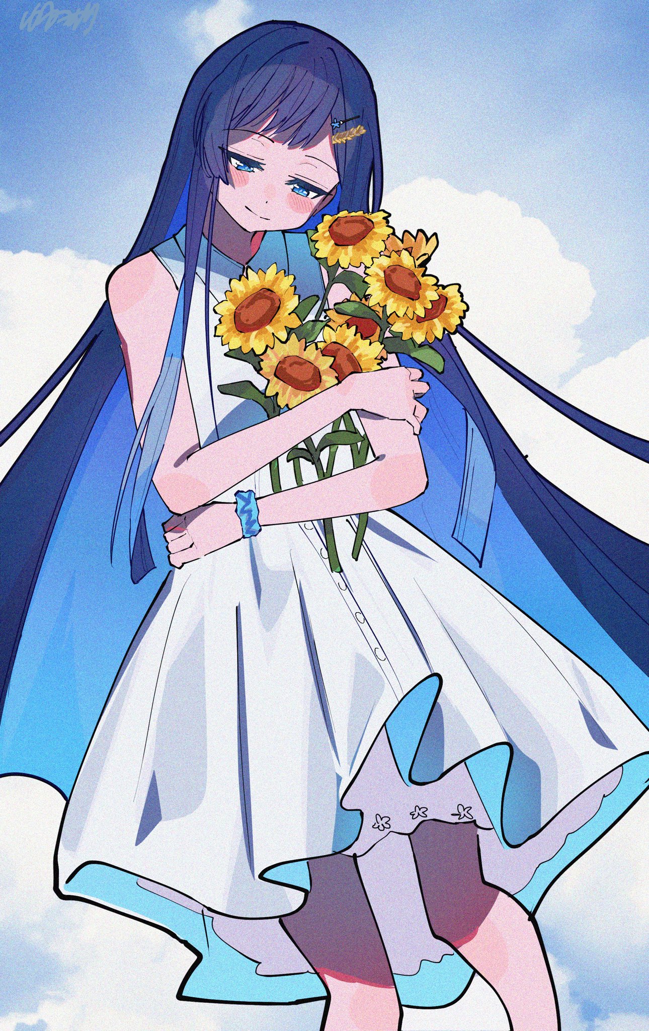 yuyu no suke, original, highres, 1girl, bare shoulders, blue eyes, blue hair, blush, bouquet, closed mouth, cloud, day, dress, flower, hair ornament, hairclip, holding, holding bouquet, holding flower, long hair, outdoors, scrunchie, sleeveless, sleeveless dress, smile, solo, standing, very long hair, white dress, wrist scrunchie