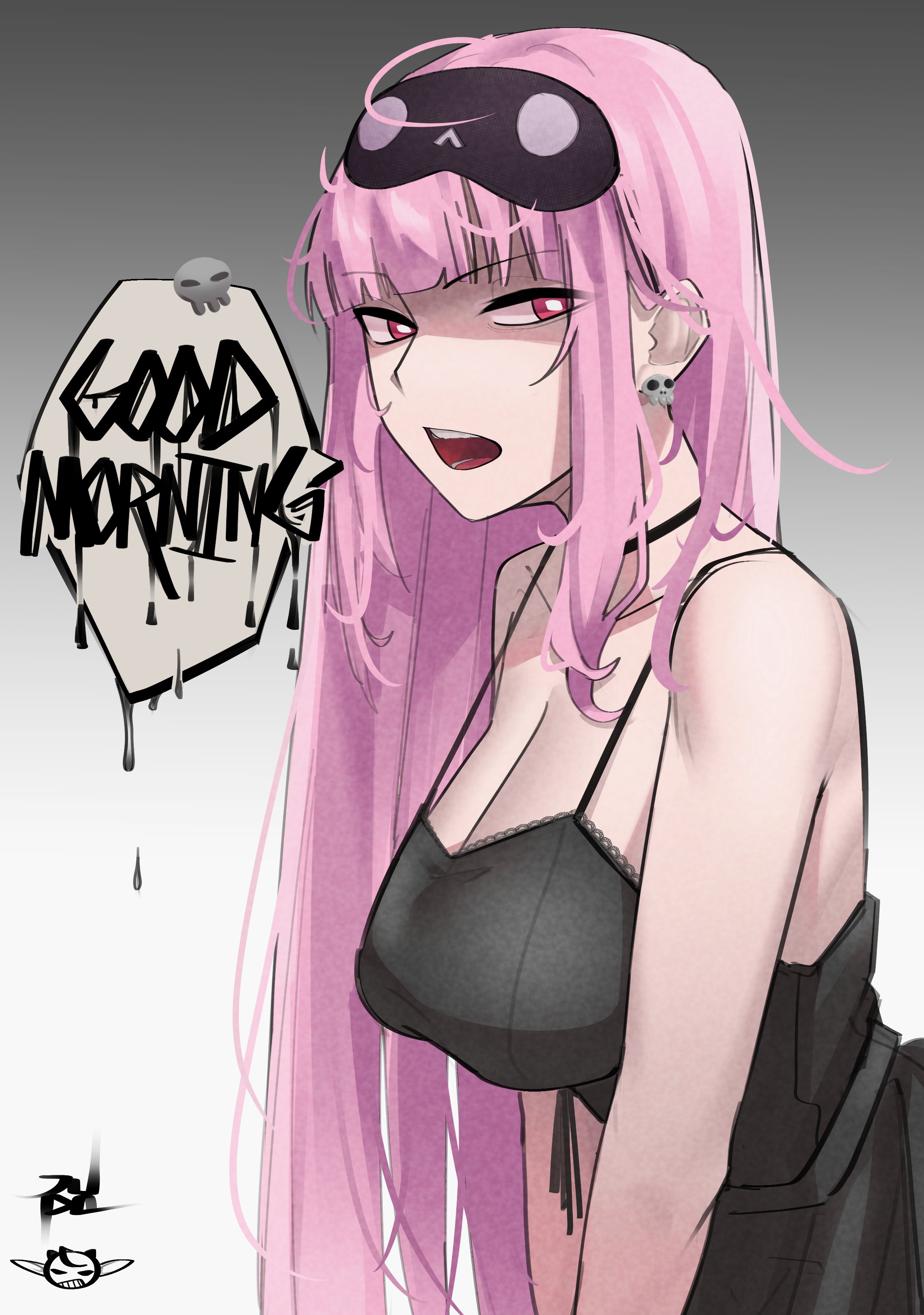 juuuudo, mori calliope, mori calliope (sleepwear), hololive, hololive english, absurdres, commentary, english commentary, highres, 1girl, black nightgown, breasts, cleavage, earrings, english text, jewelry, lace-trimmed nightgown, large breasts, mask, mask on head, nightgown, official alternate costume, pink eyes, pink hair, skull earrings, sleep mask, solo, speech bubble, virtual youtuber