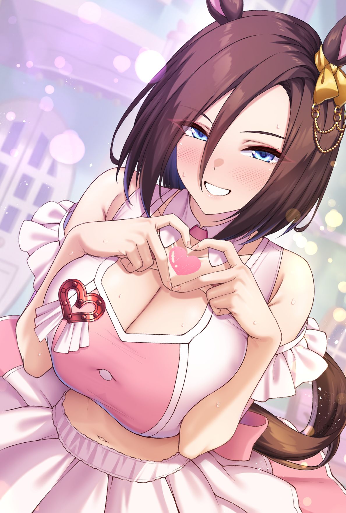 shirokuma a, air groove (umamusume), umamusume, highres, 1girl, animal ears, blue eyes, blush, bow, breasts, brown hair, cleavage, cleavage cutout, clothing cutout, dress, dutch angle, ear bow, ear chain, ear ornament, four-finger heart hands, hair between eyes, heart, heart hands, horse ears, horse girl, horse tail, idol clothes, large breasts, linked piercing, looking at viewer, meni shuki rush-sshu!, midriff, navel, one eye closed, piercing, pink dress, pink skirt, short hair, skirt, smile, solo, tail