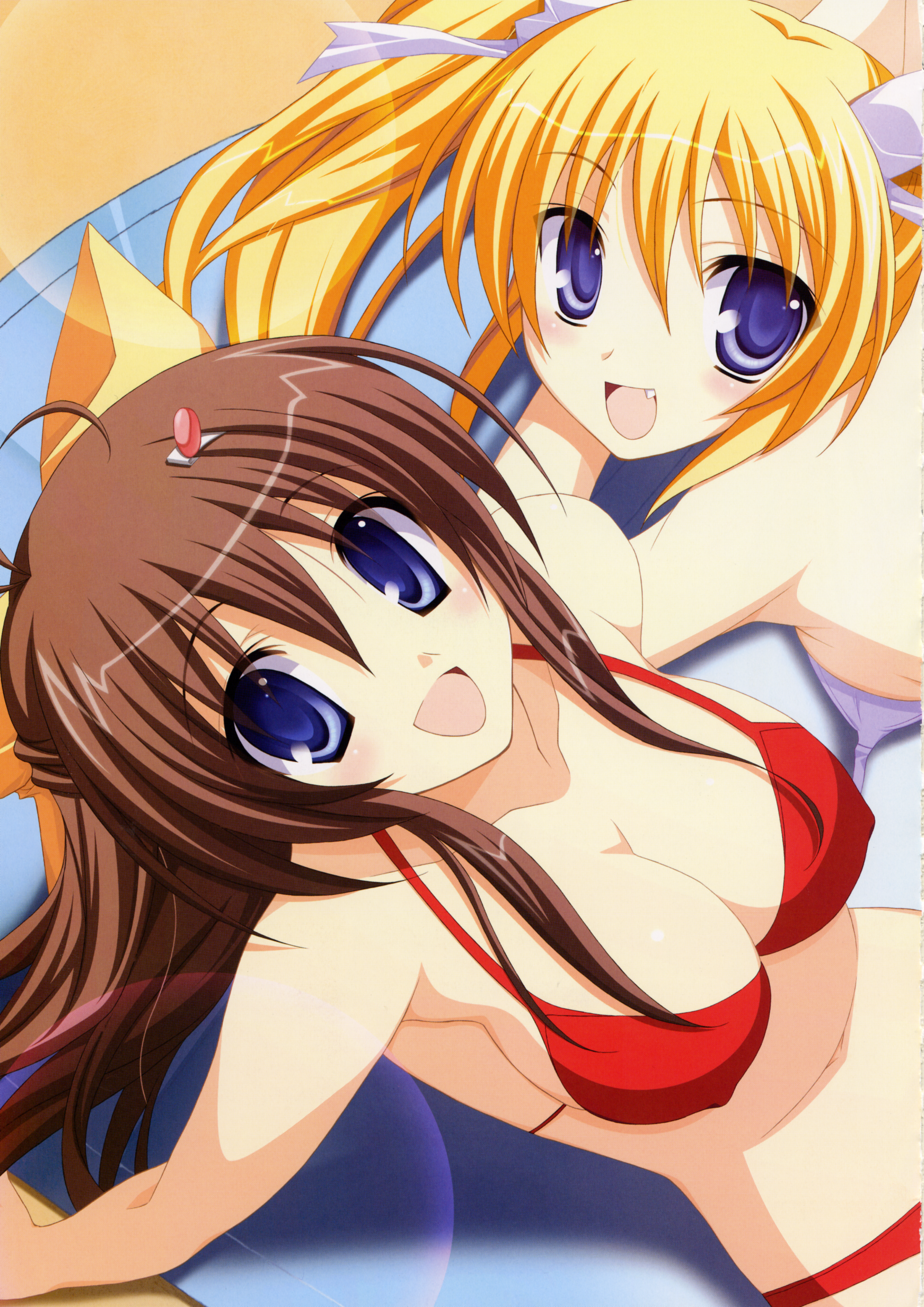 mochida nao, tooyama izumi, step x steady, absurdres, highres, tagme, bikini, blonde hair, breasts, brown hair, fang, hair ornament, hairclip, open mouth, ribbon, sideboob, swimsuit, twintails