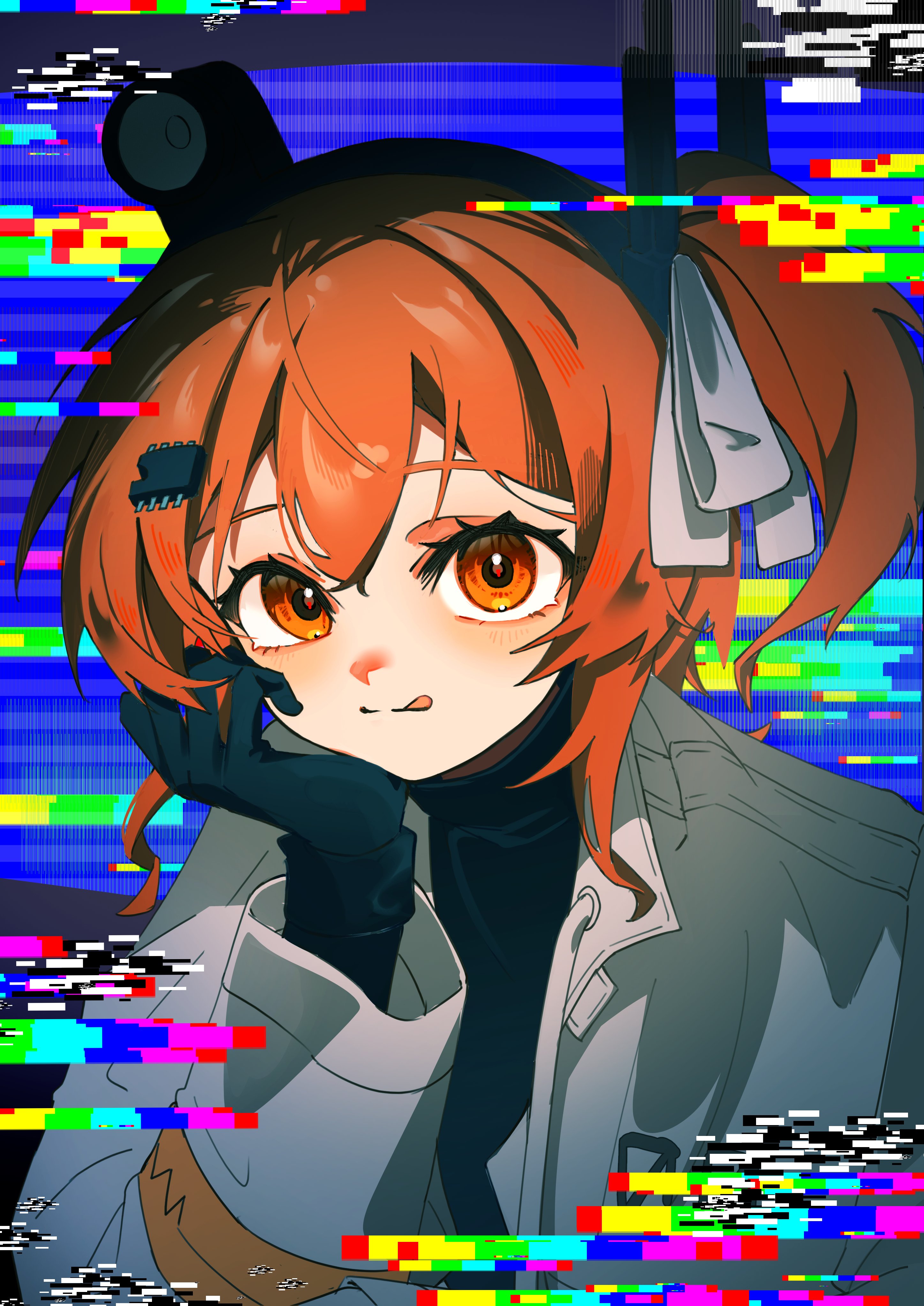 senri (hrydy o), adachi rei, a.i. voice, utau, absurdres, highres, 1girl, black gloves, glitch, gloves, hand up, head rest, jacket, long sleeves, looking at viewer, one side up, orange eyes, orange hair, standing, upper body, white jacket