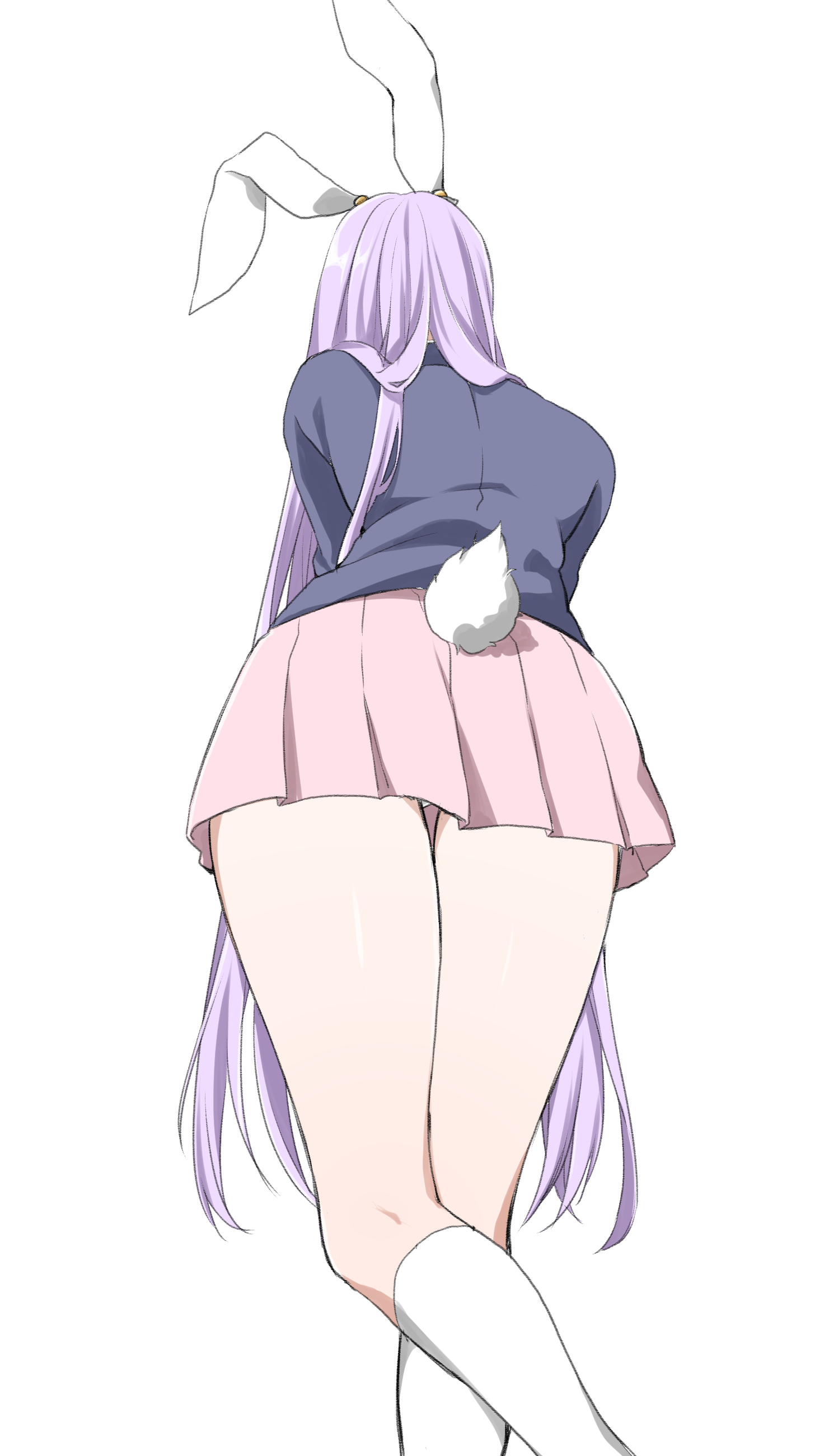 yukina (masyumaro610), reisen udongein inaba, touhou, absurdres, highres, 1girl, animal ears, ass, black jacket, facing away, feet out of frame, from behind, jacket, kneehighs, legs, long hair, miniskirt, pink skirt, pleated skirt, purple hair, rabbit ears, rabbit girl, rabbit tail, simple background, skirt, socks, solo, tail, thighs, very long hair, white background, white socks