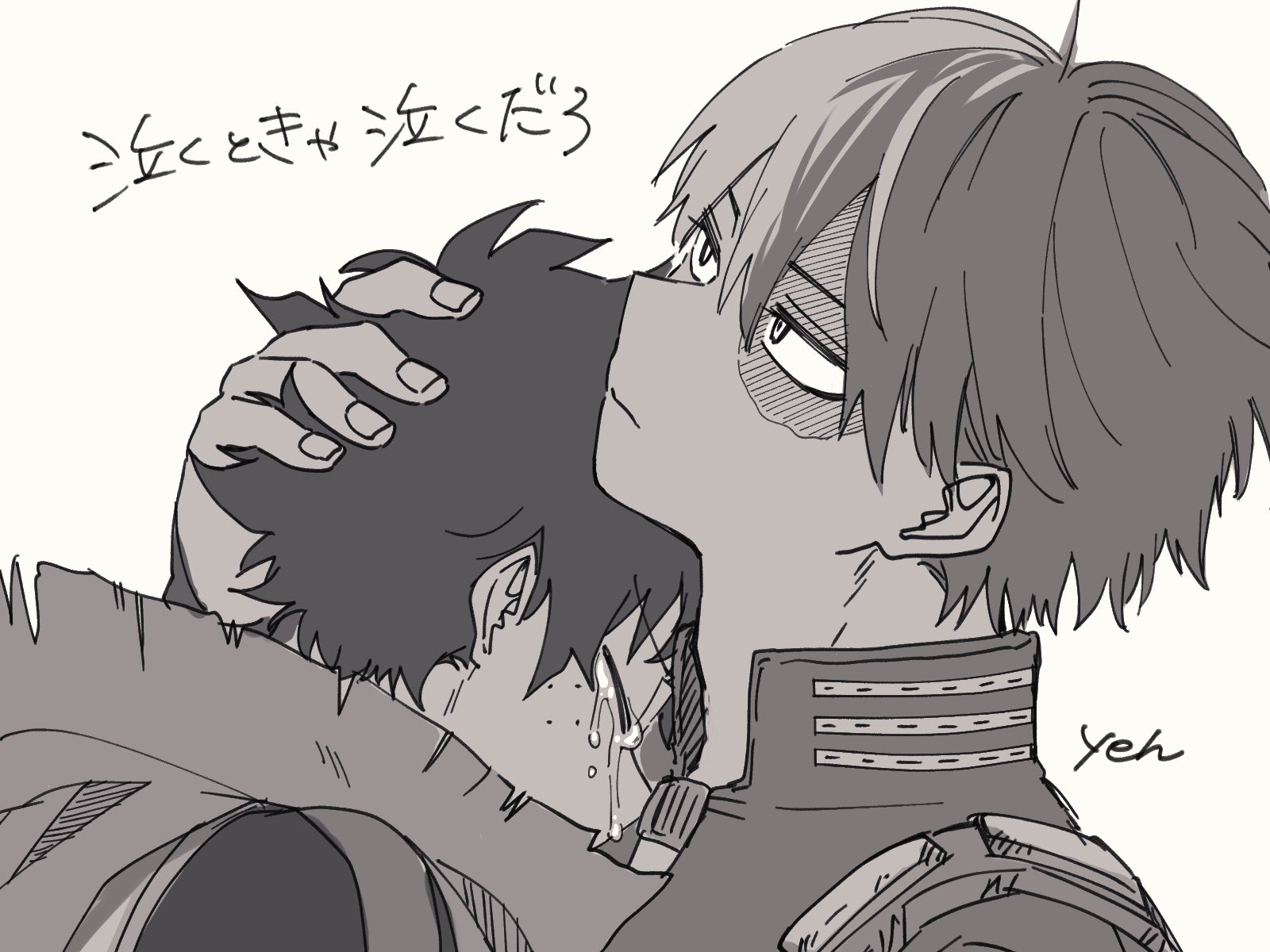 midoriya izuku, todoroki shoto, boku no hero academia, comforting, crying, curly hair, freckles, hug, looking up, multicolored hair, tears, tododeku, two-tone hair, yeh1012