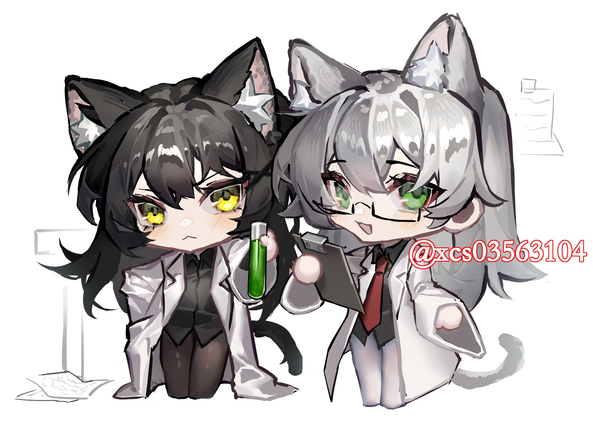 ayin (project moon), benjamin (project moon), lobotomy corporation, project moon, highres, 2girls, :<, animal ears, black shirt, cat ears, cat tail, chibi, closed mouth, coat, collared shirt, genderswap, genderswap (mtf), glasses, green eyes, holding, holding vial, lab coat, lapels, looking at viewer, multiple girls, necktie, notched lapels, red necktie, shirt, simple background, tail, vial, white background, white coat, xcs03563104, yellow eyes
