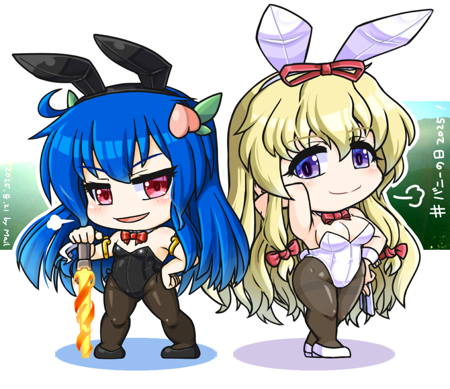 mail (mail gell), hinanawi tenshi, yakumo yukari, touhou, translation request, 2girls, animal ear hairband, animal ears, arm up, armlet, armpits, artist name, black leotard, black shoes, blonde hair, blue hair, blush, bow, bowtie, breasts, bunny day, chibi, cleavage, covered navel, dated, deformed, detached collar, fake animal ears, food, fruit, hair bow, hairband, hand fan, hand on own hip, jewelry, large breasts, leaf, legs, leotard, long hair, multiple girls, open mouth, pantyhose, peach, playboy bunny, puff of air, purple eyes, rabbit ears, rabbit tail, red bow, red bowtie, red eyes, ribbon, shoes, small breasts, smile, standing, sword of hisou, tail, very long hair, wavy mouth, white leotard, white shoes, wrist cuffs