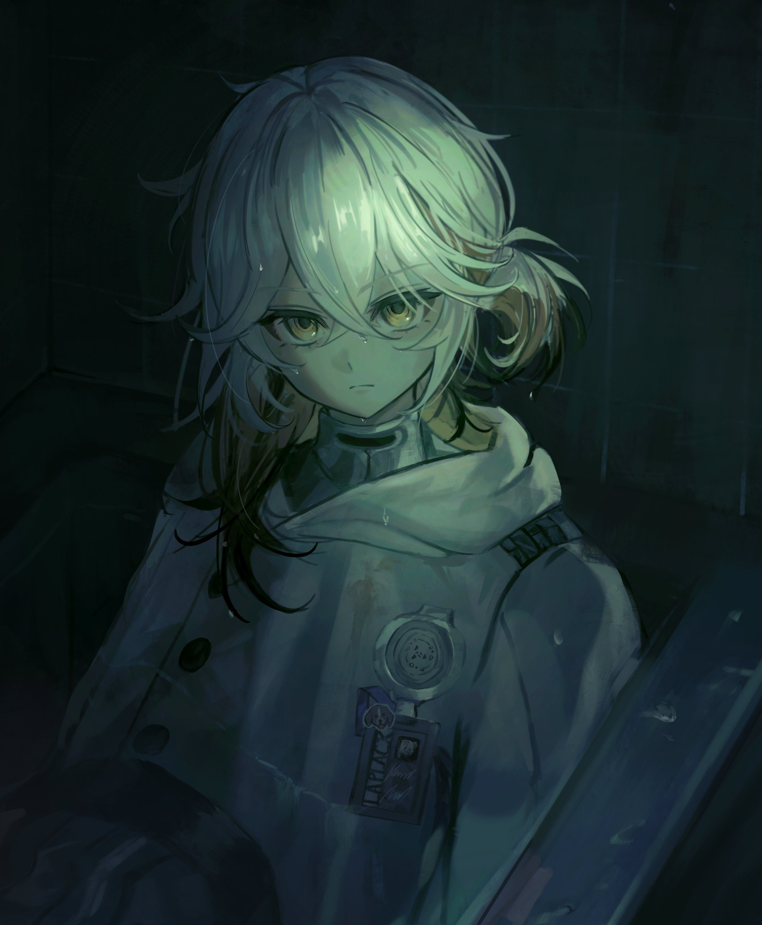 medicine pocket, reverse:1999, absurdres, highres, 1other, capelet, closed mouth, colored tips, crossed bangs, dark background, dim lighting, id card, looking at viewer, medium hair, multicolored hair, ponytail, short ponytail, side ponytail, solo, upper body, wet, wet hair, white capelet, white hair, yellow eyes, zarasususu