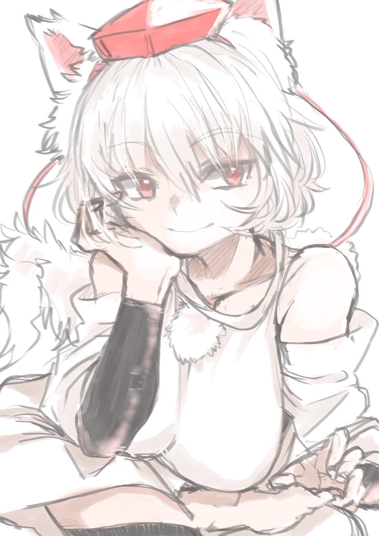 yoyoiro (sysi20), inubashiri momiji, touhou, commentary request, highres, 1girl, animal ear fluff, animal ears, black arm warmers, black thighhighs, breasts, closed mouth, detached sleeves, hair over eyes, hand on own cheek, hand on own face, hat, large breasts, leaning forward, light smile, long sleeves, looking at viewer, pom pom (clothes), red eyes, red hair, shirt, short hair, simple background, sitting, skirt, solo, swept bangs, tail, thighhighs, tokin hat, upper body, white background, white hair, white shirt, white skirt, wide sleeves, wolf ears, wolf girl, wolf tail, zettai ryouiki