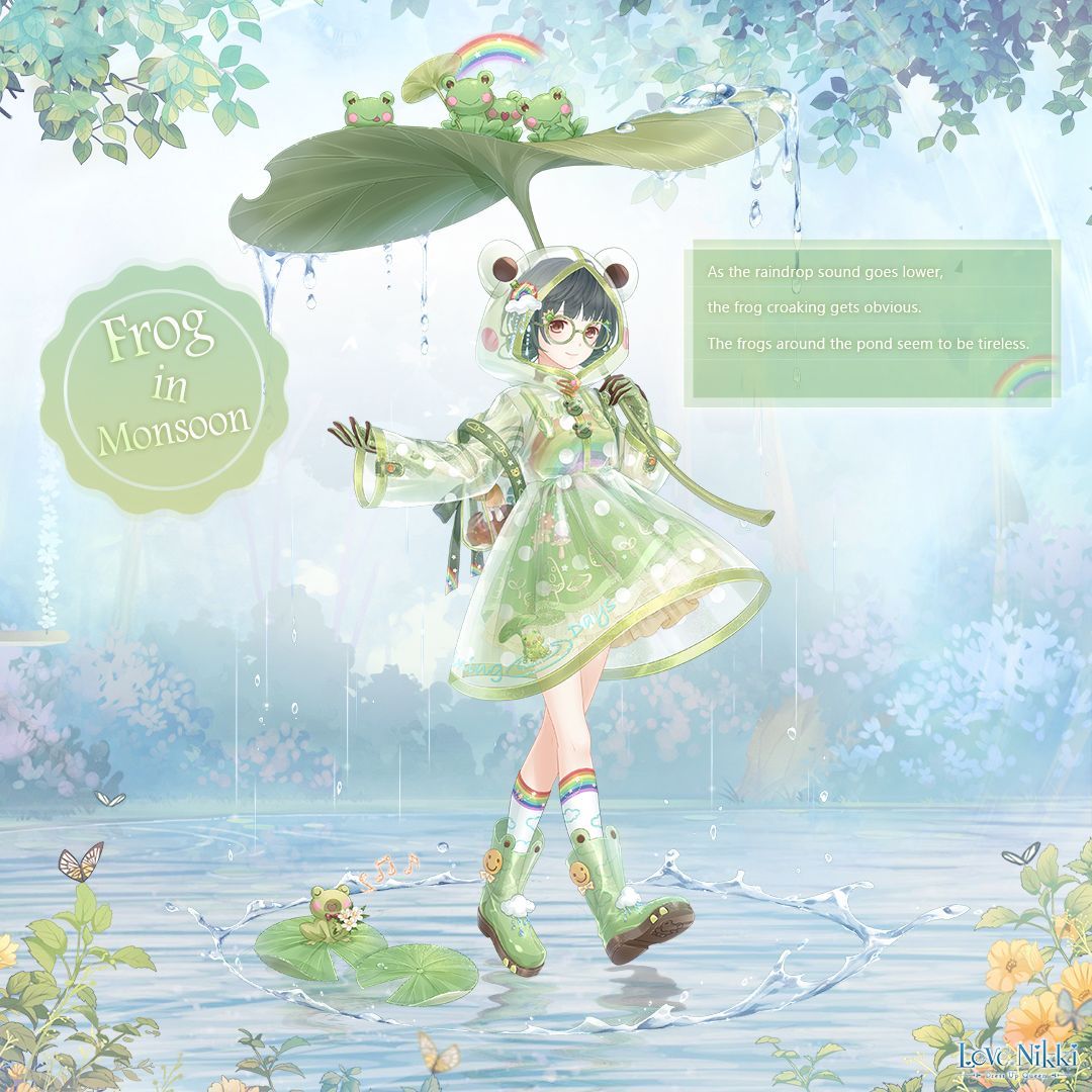 miracle nikki, nikki (series), artist request, official art, 1girl, animal costume, animal ear footwear, animal hood, black gloves, black hair, blunt bangs, boots, brown eyes, bug, bush, butterfly, buttons, character name, closed mouth, cloud, cloudy sky, copyright name, day, dot nose, english text, flower, frog, frog costume, frog hood, frog in monsoon (miracle nikki), full body, glasses, gloves, green-framed eyewear, green boots, green raincoat, green shirt, green skirt, happy, holding, holding umbrella, hood, hood up, hooded coat, insect, kneehighs, knees, lake, leaf umbrella, light blush, light rays, lily pad, logo, looking at viewer, outdoors, outstretched hand, pleated skirt, polka dot, polka dot coat, rain, rainbow hat ornament, rainbow print, raincoat, reflection, reflective water, round eyewear, rubber boots, see-through clothes, see-through raincoat, shirt, short hair, skirt, sky, smile, socks, solo, sunlight, tree, umbrella, umbrella over shoulder, walking, walking on liquid, water drop, white butterfly, white socks, yellow butterfly, yellow flower