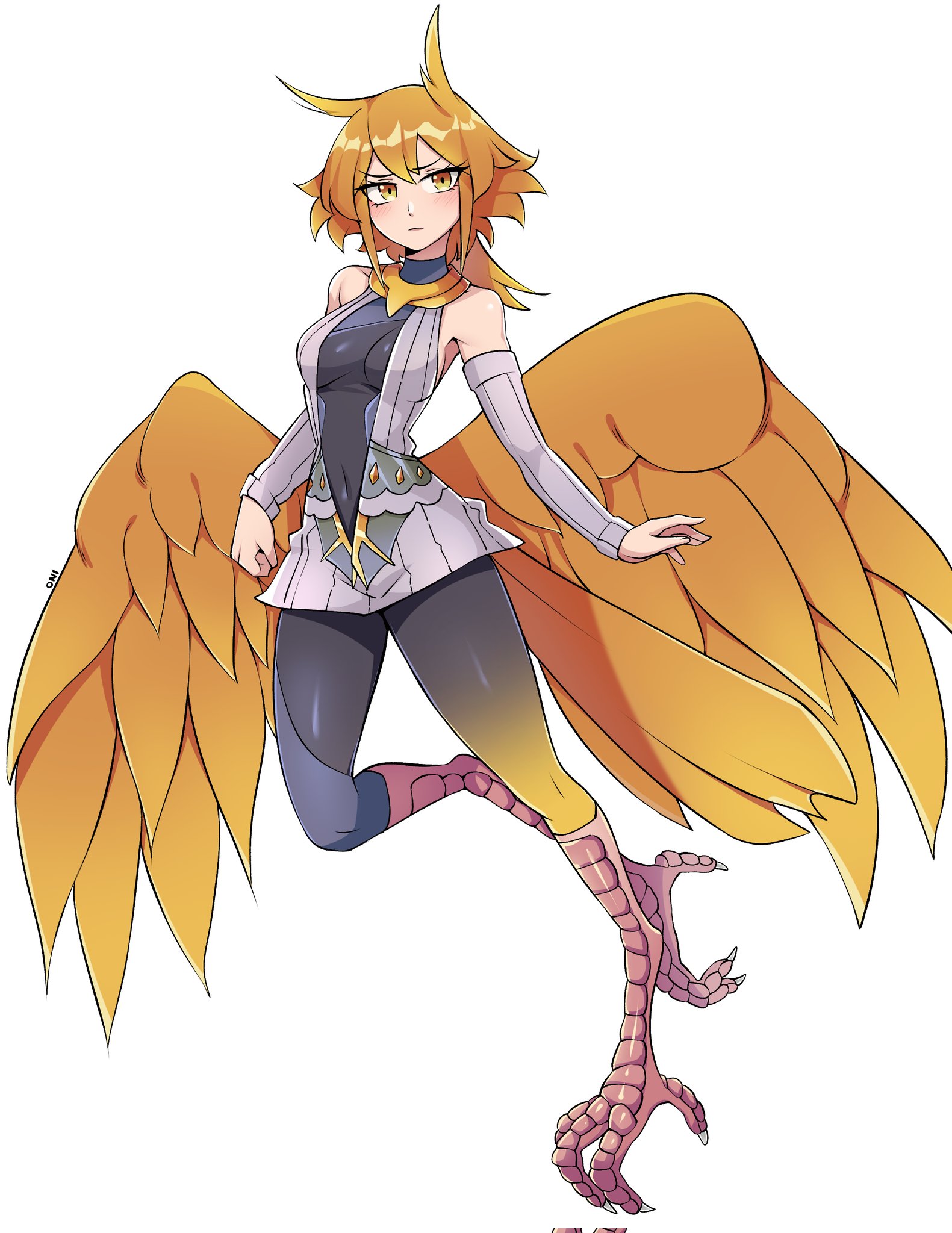 oninuer, original, commentary, commission, english commentary, highres, 1girl, bare shoulders, bird girl, bird wings, black bodysuit, blonde hair, bodysuit, breasts, closed mouth, covered navel, detached sleeves, double-parted bangs, dress, feathered wings, full body, grey dress, large breasts, looking at viewer, medium hair, oversized wings, simple background, solo, talons, white background, wings, yellow eyes
