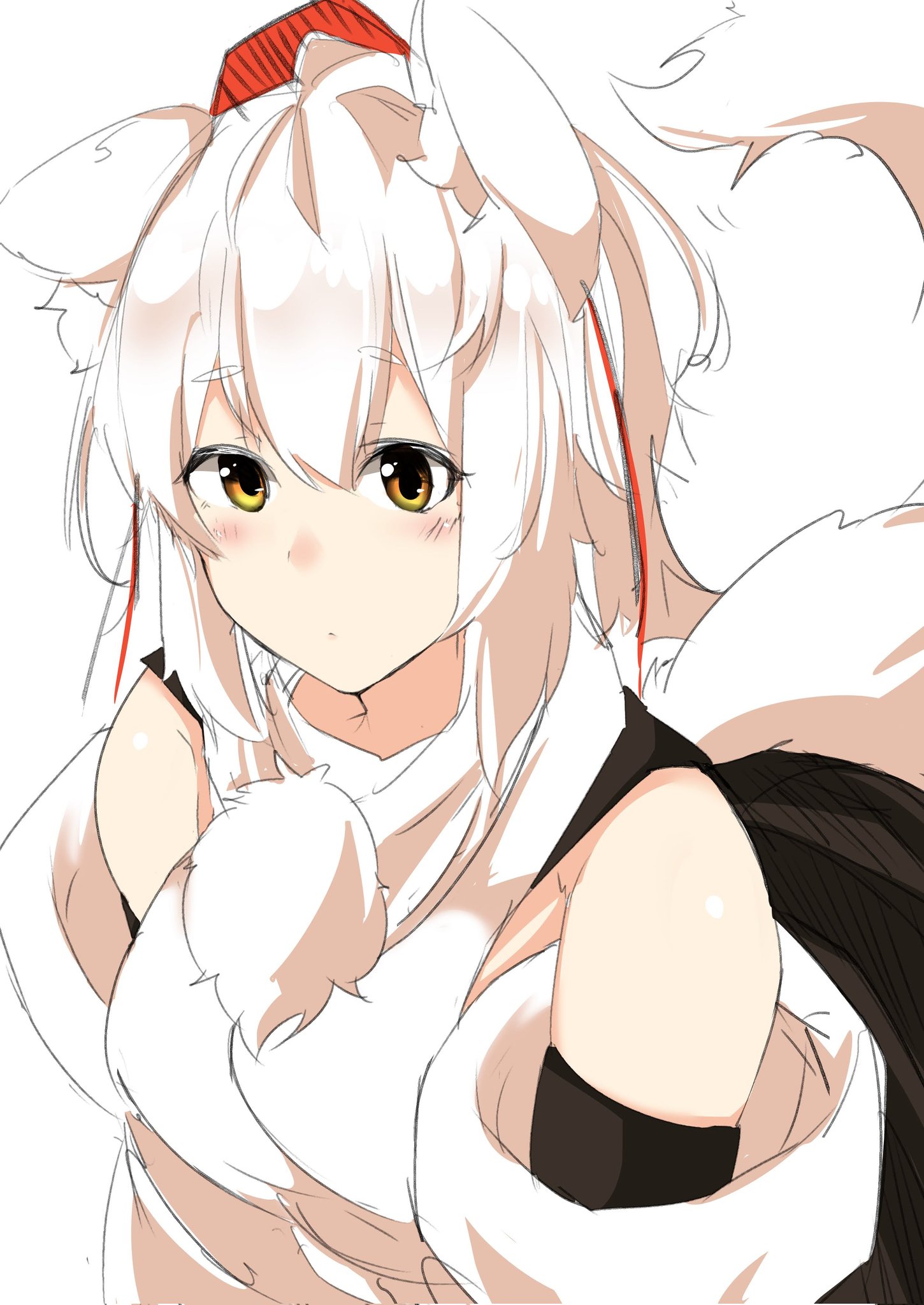 houkai (collapse illust), inubashiri momiji, touhou, commentary, highres, 1girl, animal ears, black arm warmers, black skirt, breasts, brown eyes, closed mouth, dot mouth, hair between eyes, hat, large breasts, long sleeves, medium hair, pom pom (clothes), red hat, shirt, simple background, skirt, solo, tail, tokin hat, upper body, white background, white hair, white shirt, wide sleeves, wolf ears, wolf girl, wolf tail