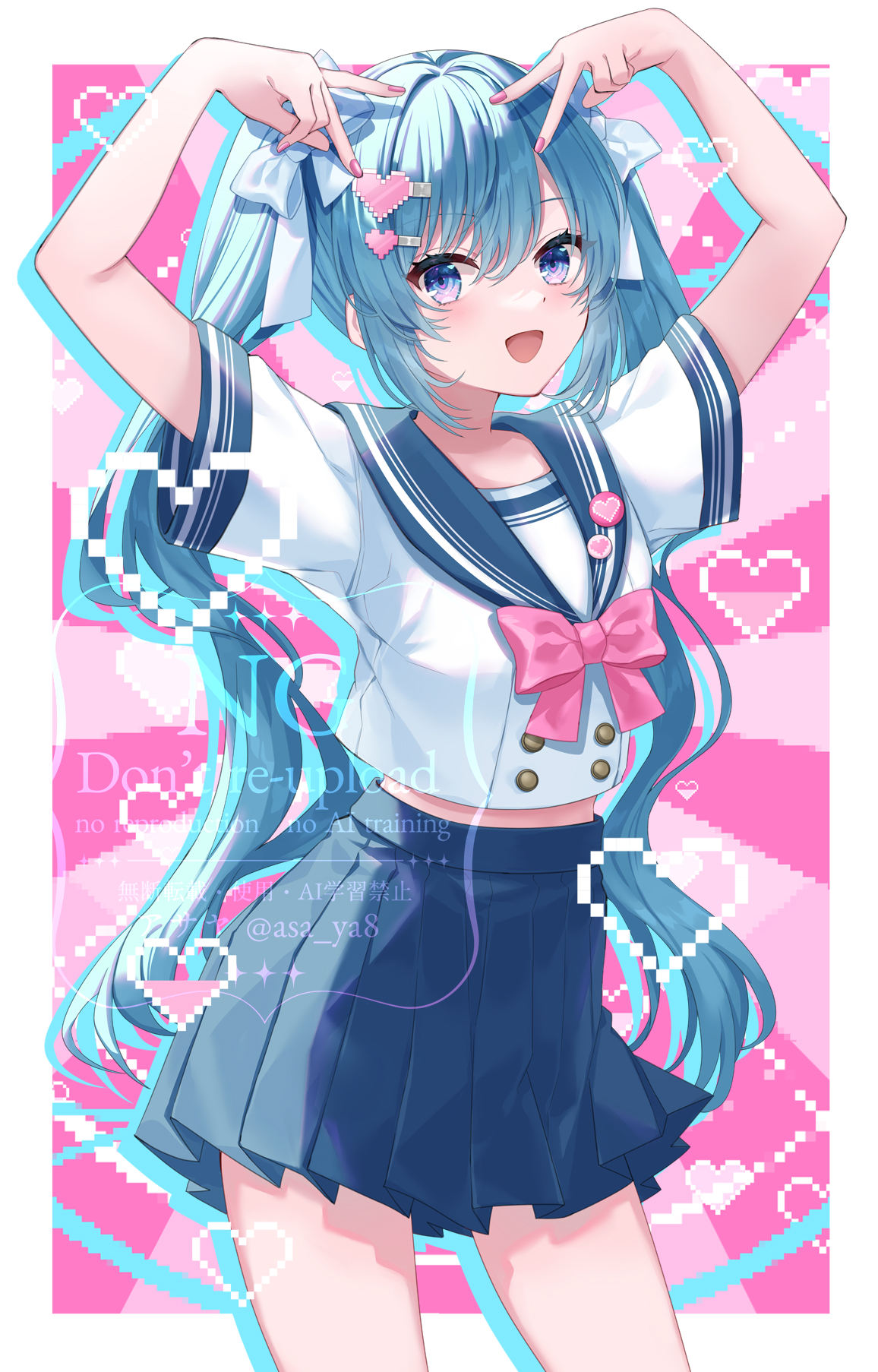 asaya-bigun, hatsune miku, vocaloid, commentary request, highres, 1girl, aqua hair, aqua sailor collar, aqua skirt, arms up, blue eyes, border, bow, cowboy shot, double v, drop shadow, fingernails, hair bow, hair ornament, heart, heart hair ornament, long hair, looking at viewer, nail polish, open mouth, outside border, parted bangs, pink bow, pink nails, pleated skirt, sailor collar, school uniform, serafuku, shirt, short sleeves, skirt, smile, solo, standing, twintails, v, very long hair, watermark, white border, white bow, white shirt