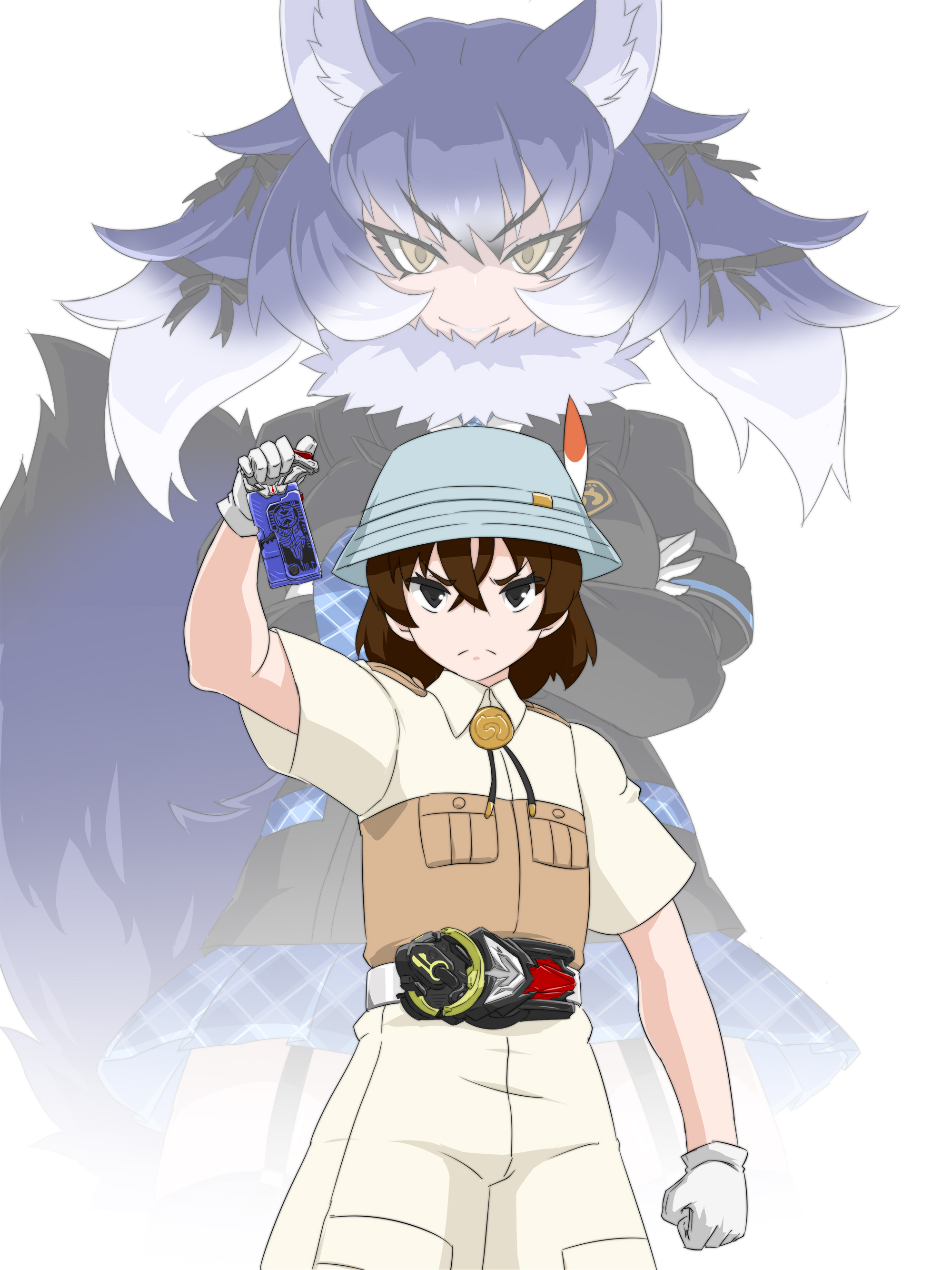 tsukushi (741789), captain (kemono friends), dire wolf (kemono friends), kamen rider valkyrie, kamen rider vulcan, kamen rider zero-one, kamen rider, kamen rider 01 (series), kemono friends, kemono friends 3, absurdres, highres, 1boy, 1girl, a.i.m.s. shotriser, animal ear fluff, animal ears, black hair, blue hair, bucket hat, crossed arms, extra ears, gloves, grey eyes, hat, hiden zero-one driver, jacket, japari symbol, kamen rider vulcan lone wolf, long hair, long sleeves, looking at viewer, ribbon, safari jacket, shirt, short hair, simple background, skirt, tail, thighhighs, twintails, wolf ears, wolf girl, wolf tail