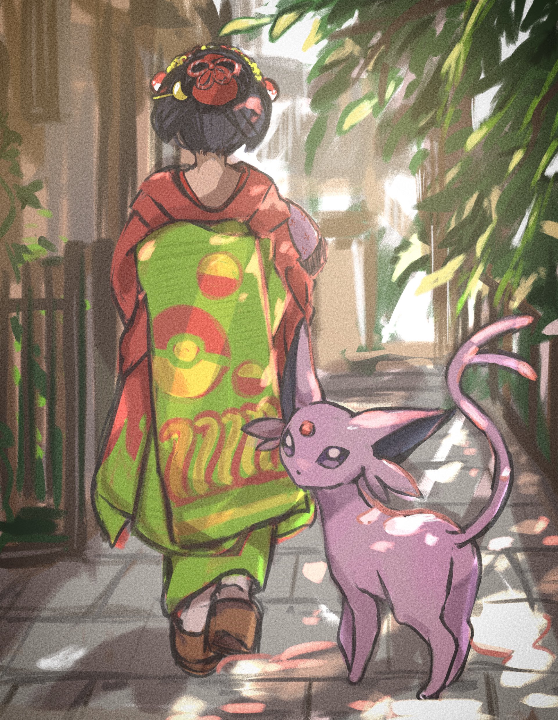 anzu (01010611), espeon, kimono girl (pokemon), nintendo, pokemon, pokemon hgss, absurdres, commentary request, highres, 1girl, black hair, brown sandals, day, fence, from behind, gen 2 pokemon, hair ornament, japanese clothes, kimono, outdoors, poke ball print, pokemon (creature), sandals, shadow, short hair, socks, standing, white socks
