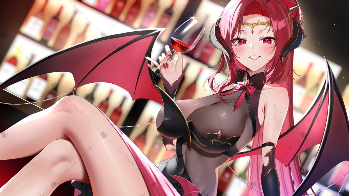gawawawa, indie virtual youtuber, commission, vgen commission, 1girl, alcohol, bar (place), blurry, blurry background, breasts, crossed legs, cup, drinking glass, gleam, holding, holding cup, long hair, open mouth, pbjae, red eyes, red hair, red nails, red wine, sample watermark, see-through cleavage, see-through clothes, smile, virtual youtuber, watermark, wine, wine glass, wings