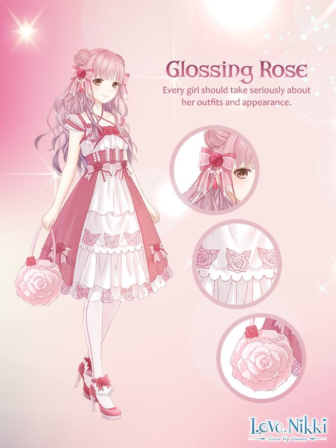 nikki (nikki), miracle nikki, nikki (series), artist request, official art, 1girl, ankle bow, ankle flower, ankle ribbon, bag, bare arms, beads, blunt bangs, bow, brown eyes, character name, close-up, closed mouth, collarbone, copyright name, criss-cross straps, dot nose, double bun, dress, dress bow, english text, eyelashes, floral print, flower, frilled dress, frilled sleeves, frills, full body, glossing rose (miracle nikki), hair bow, hair bun, hair flower, hair ornament, handbag, happy, high heels, holding, holding bag, layered dress, light blush, light particles, logo, long hair, long sidelocks, looking at viewer, medium dress, pantyhose, pink background, pink bag, pink bow, pink dress, pink hair, pink shoes, red flower, red rose, ribbon, rose, rose print, shoes, short sleeves, sidelocks, smile, solo, sparkle, standing, wavy hair, white dress, white pantyhose