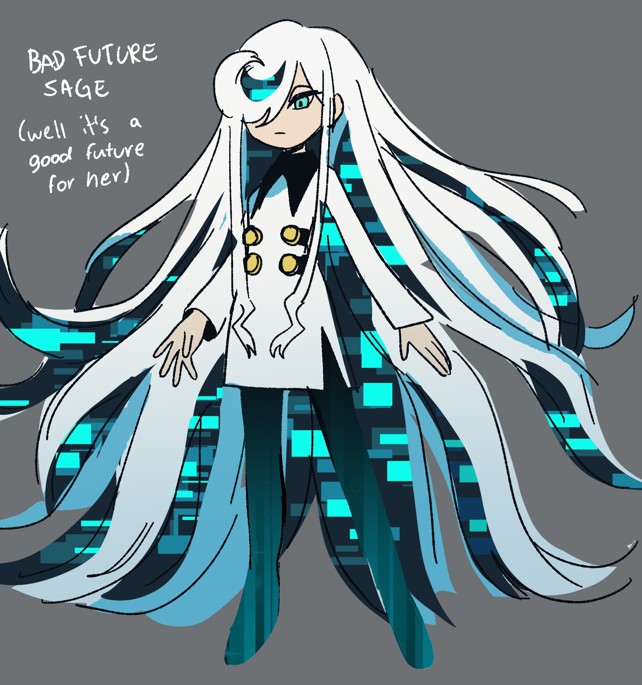 caffstrink, sage (sonic), sonic (series), commentary, english commentary, highres, 1girl, aged up, alternate design, alternate hair length, alternate hairstyle, aqua eyes, aqua hair, dress, english text, glitch, grey background, hair over one eye, long hair, long sleeves, solo, very long hair, white dress, white hair