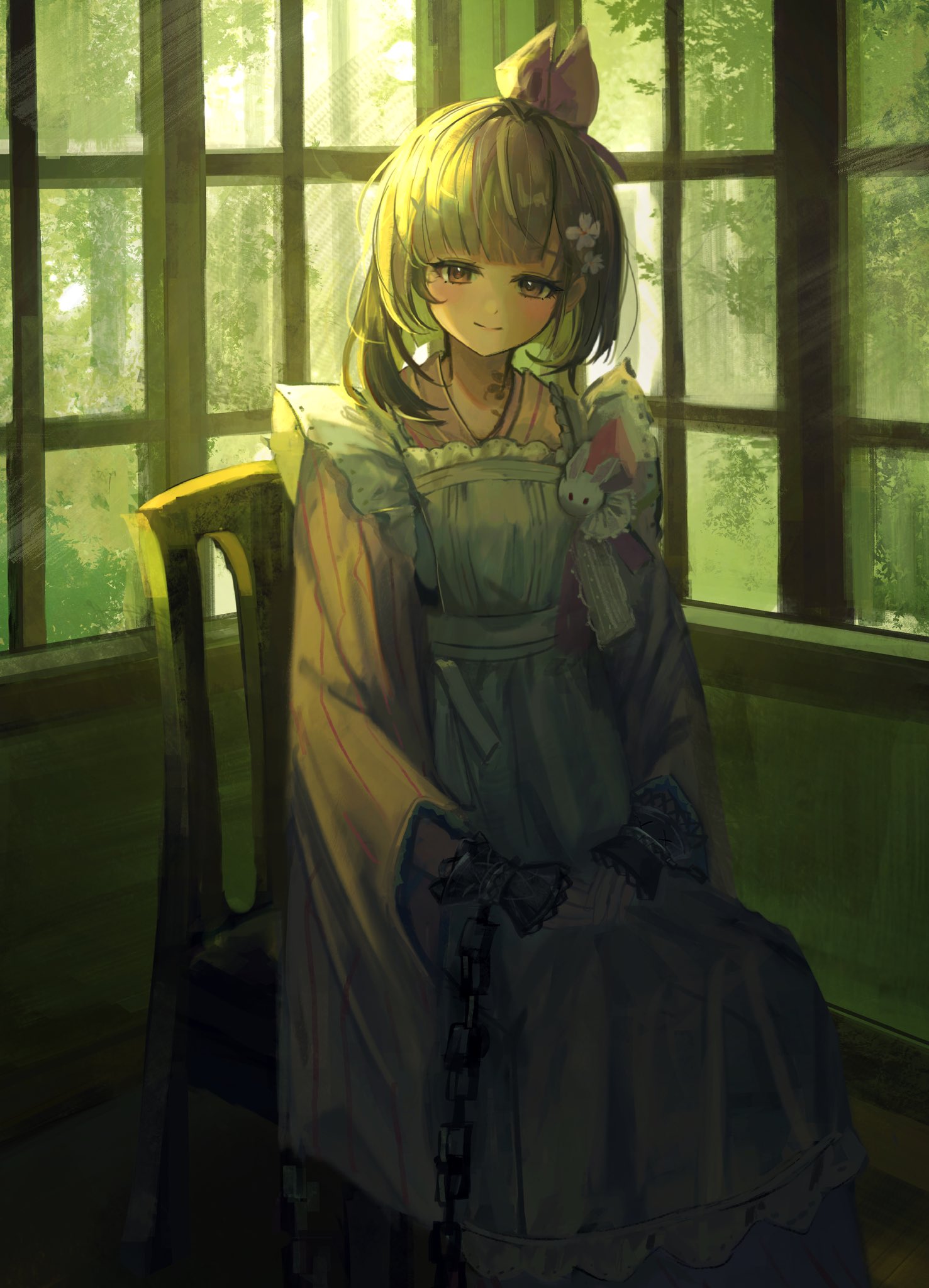 satsuki (reverse:1999), reverse:1999, highres, 1girl, apron, backlighting, bow, brown eyes, brown hair, chain, chair, cuffs, feet out of frame, flower, frilled apron, frills, hair bow, hair flower, hair ornament, indoors, japanese clothes, kimono, looking at viewer, maid, on chair, pink flower, pink kimono, pinstripe kimono, pinstripe pattern, rabbit ornament, red bow, short hair, sitting, smile, solo, striped clothes, striped kimono, tree, vertical-striped clothes, vertical-striped kimono, wa maid, white apron, window, zarasususu