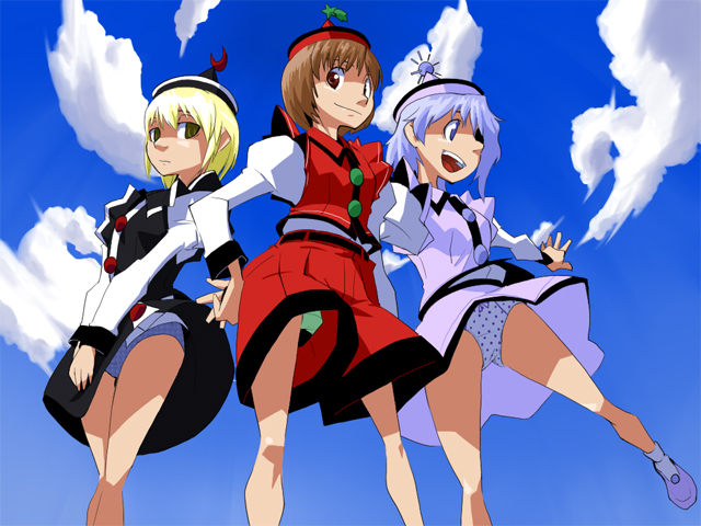 kansuke (artist), kansuke (bubuduke), lunasa prismriver, lyrica prismriver, merlin prismriver, touhou, 3girls, blonde hair, blue hair, brown hair, cloud, day, female focus, hat, multiple girls, panties, short hair, siblings, sisters, sky, underwear