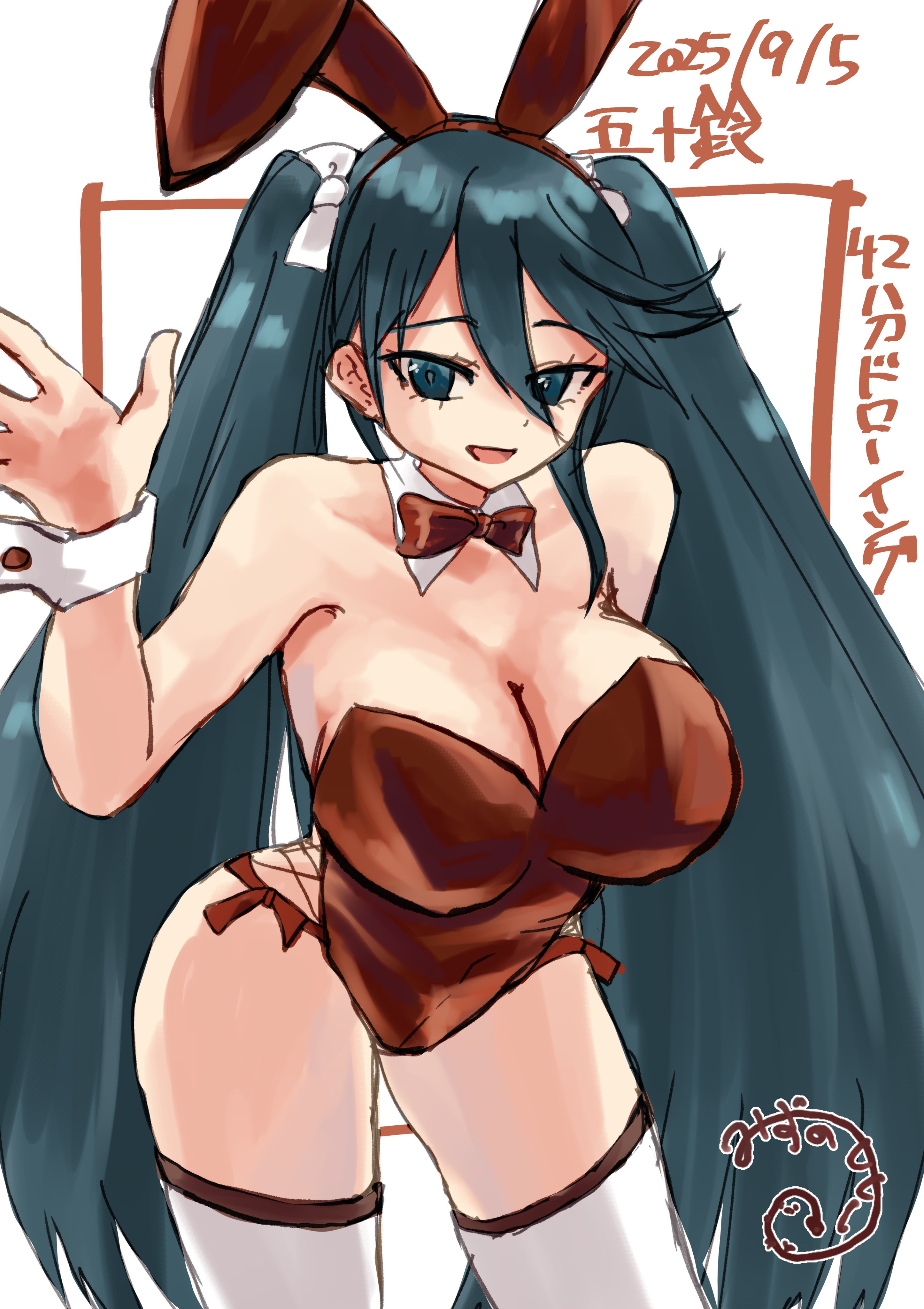 mizunototori, isuzu (kancolle), kantai collection, absurdres, highres, 1girl, animal ears, bare shoulders, blush, breasts, cleavage, dated, detached collar, fake animal ears, hair ribbon, large breasts, leotard, long hair, looking at viewer, open mouth, playboy bunny, red leotard, ribbon, signature, smile, solo, strapless, strapless leotard, thighhighs, twintails, white thighhighs