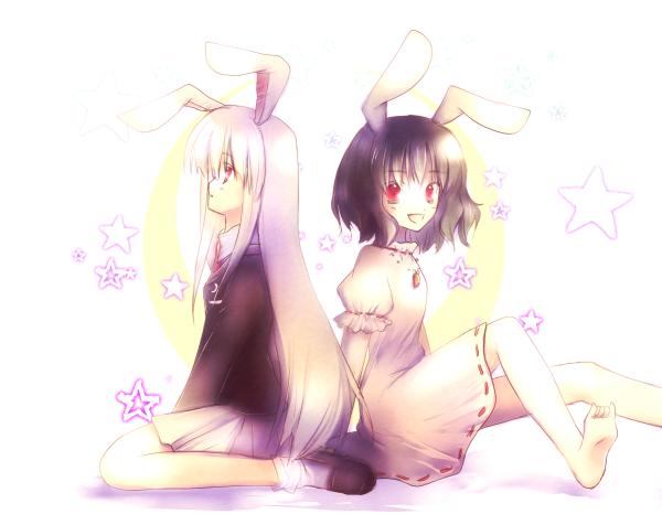 confeitoo, inaba tewi, reisen udongein inaba, touhou, bad id, bad pixiv id, 2girls, animal ears, black hair, female focus, long hair, multiple girls, purple hair, rabbit ears, red eyes, short hair, smile