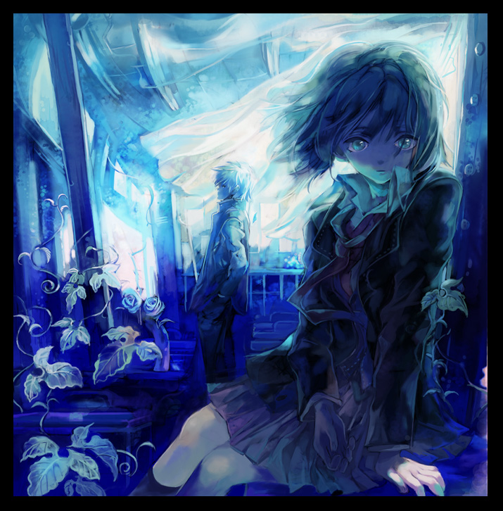 stecky, bad id, bad pixiv id, 1boy, 1girl, blue theme, flower, indoors, leaf, looking at viewer, necktie, overgrown, plant, rose, skirt, wind