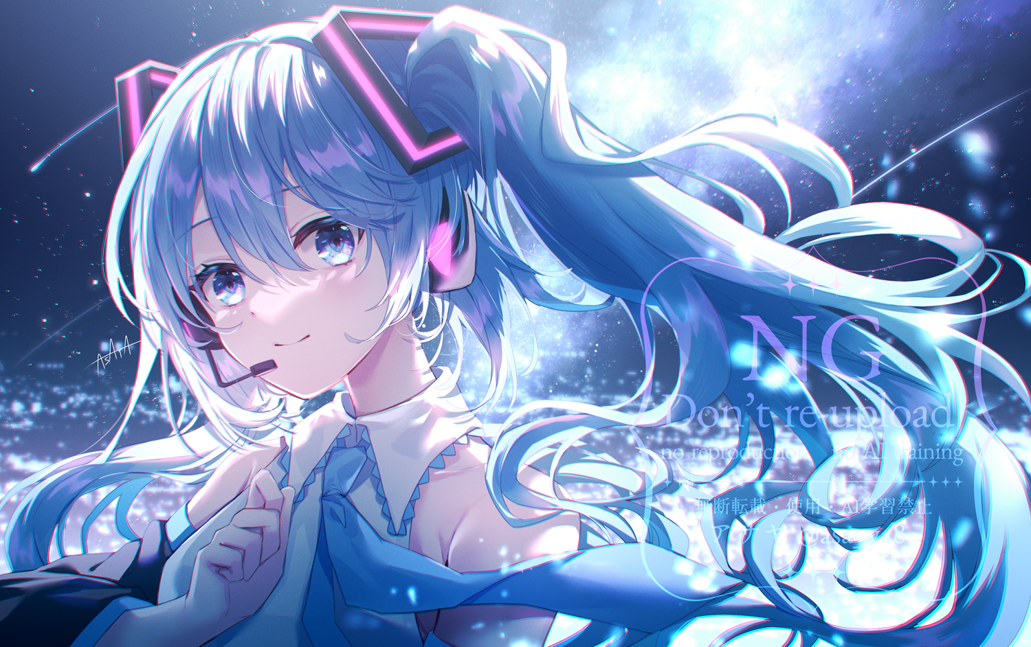 asaya-bigun, hatsune miku, vocaloid, commentary request, 1girl, aqua hair, aqua necktie, armpit crease, closed mouth, collared shirt, detached sleeves, double-parted bangs, floating clothes, floating hair, hair between eyes, headphones, long bangs, long hair, long sleeves, looking at viewer, microphone, necktie, shirt, sleeveless, sleeveless shirt, smile, solo, star (sky), starry sky background, twintails, upper body, watermark, white shirt, wing collar