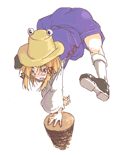 a utopia, hirase yuu, moriya suwako, touhou, lowres, 1girl, arm support, blonde hair, blush, female focus, hat, jumping, log, oekaki, red eyes, ribbon, solo