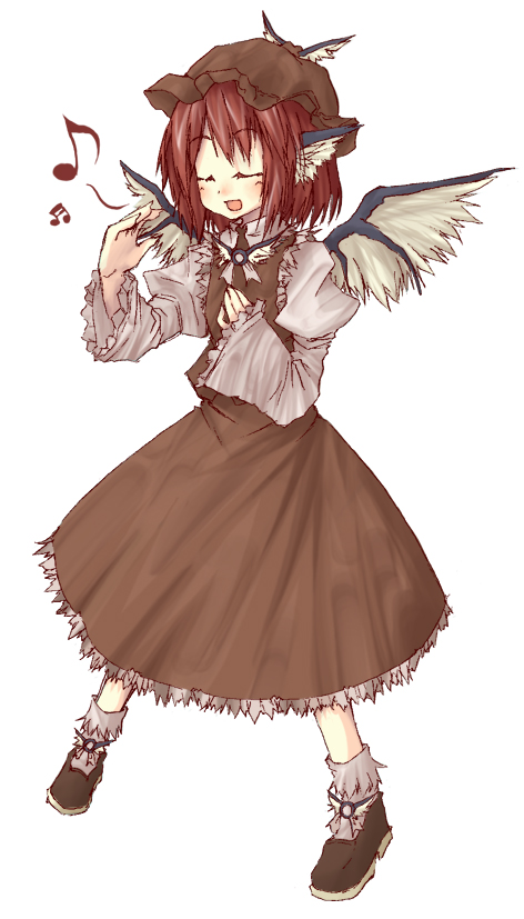 natsuk, mystia lorelei, touhou, bad id, bad pixiv id, 1girl, female focus, full body, hat, music, red hair, short hair, simple background, singing, solo, standing, white background, wings