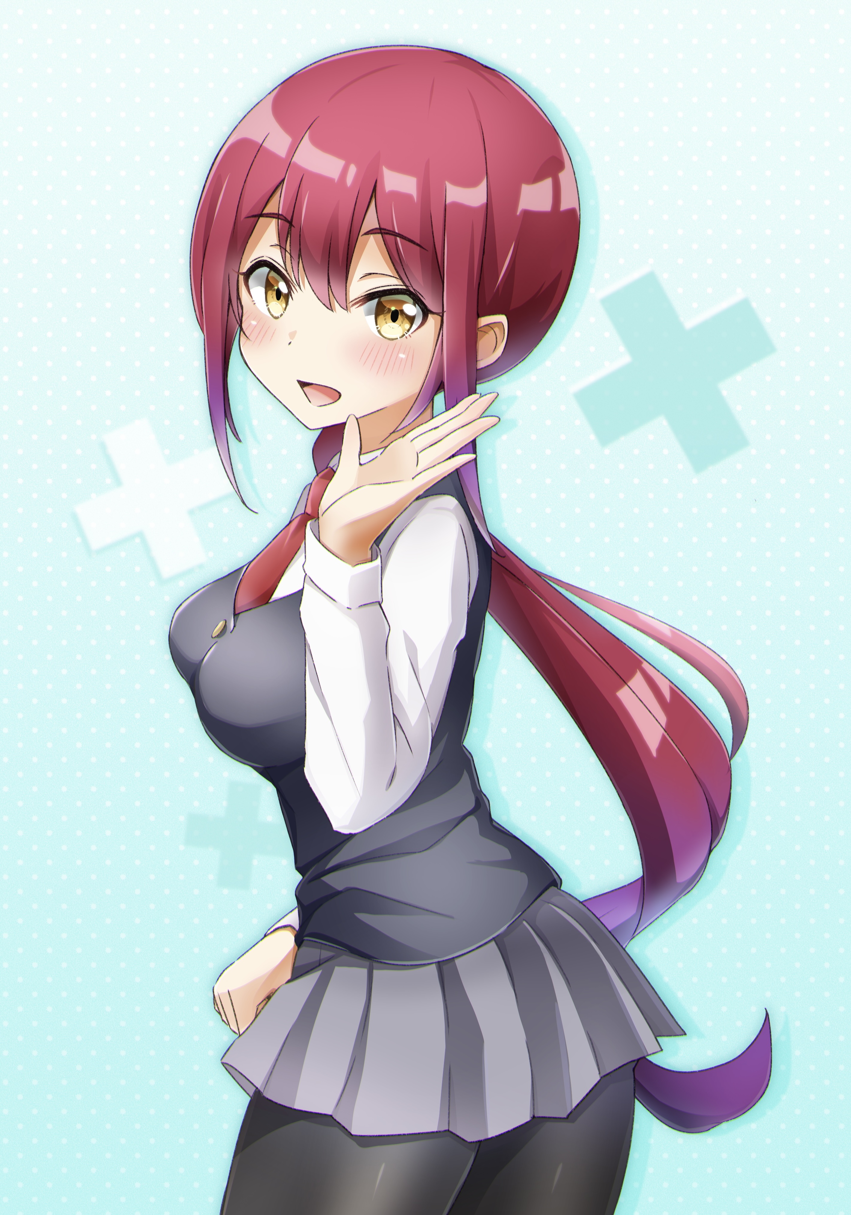 komeko416, mizutori atori, bad girl (manga), absurdres, commentary request, highres, 1girl, black pantyhose, black vest, blush, breasts, collared shirt, gradient hair, grey hair, long hair, long sleeves, looking at viewer, multicolored hair, necktie, open mouth, pantyhose, pleated skirt, purple hair, red hair, red necktie, shirt, skirt, smile, solo, very long hair, vest, white shirt, yellow eyes