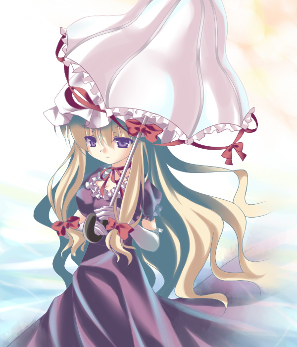 anju (meipurusanchi), anju (pixiv), yakumo yukari, touhou, bad id, bad pixiv id, 1girl, blonde hair, bow, elbow gloves, female focus, gloves, hair ribbon, long hair, parasol, ribbon, solo, umbrella