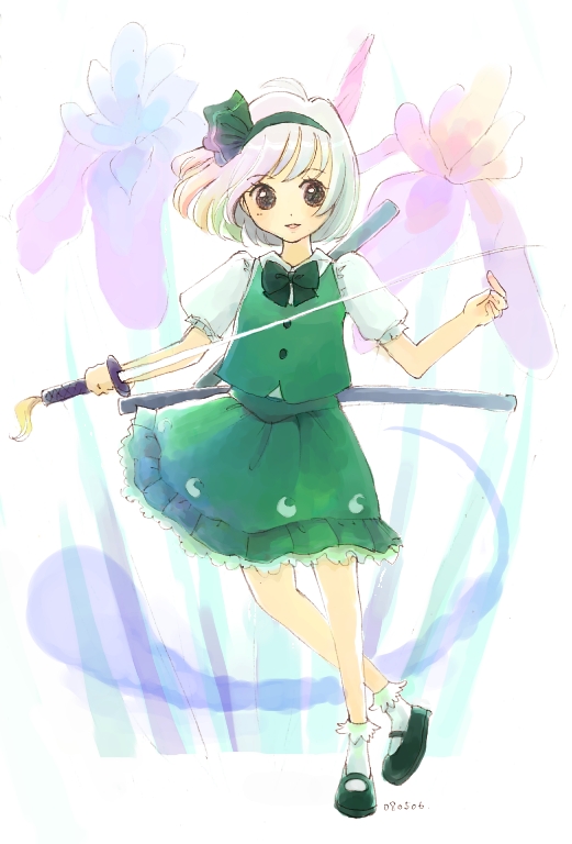 blue daisy, konpaku youmu, konpaku youmu (ghost), touhou, silver hair, 1girl, bow, female focus, ghost, hairband, hitodama, katana, scabbard, school uniform, serafuku, sheath, short hair, solo, sword, weapon