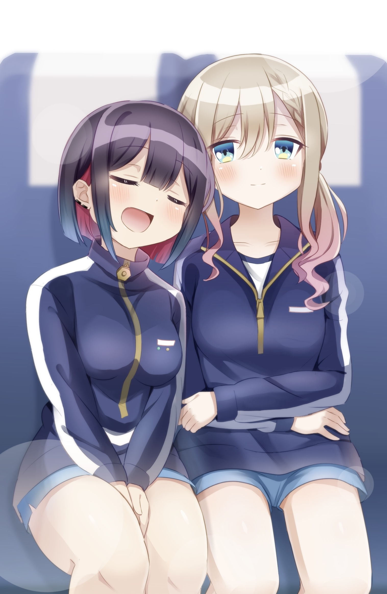 komeko416, suzukaze suzu, yuutani yuu, bad girl (manga), commentary request, highres, 2girls, blonde hair, blue eyes, blue jacket, blush, breasts, brown hair, closed eyes, closed mouth, colored inner hair, crossed arms, gradient hair, jacket, leaning on person, lens flare, long hair, long sleeves, multicolored hair, multiple girls, open mouth, red hair, sitting, sleeping, sleeping on person, smile, zipper