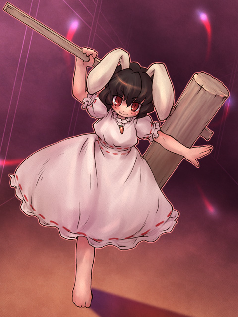 sankuma, inaba tewi, touhou, 1girl, animal ears, black hair, female focus, hammer, kine, mallet, rabbit ears, red eyes, short hair, smile, solo