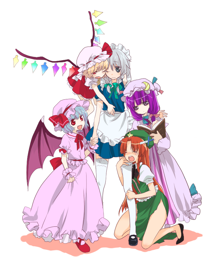 machiko (beard), flandre scarlet, hong meiling, izayoi sakuya, patchouli knowledge, remilia scarlet, embodiment of scarlet devil, touhou, silver hair, bad id, bad pixiv id, 5girls, bat wings, blonde hair, blue hair, book, dress, fang, female focus, hat, long hair, maid, mob cap, multiple girls, purple hair, red eyes, red hair, ribbon, short hair, skirt, tears, thighhighs, white background, wings