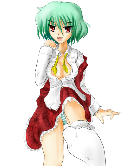 kado, gan, kazami yuuka, touhou, bad id, bad pixiv id, 1girl, ascot, blouse, breasts, fang, feet, female focus, foot focus, green hair, large breasts, open clothes, open shirt, panties, pantyshot, plaid clothes, plaid skirt, plaid vest, red eyes, shirt, short hair, simple background, sitting, skirt, socks, soles, solo, striped clothes, striped panties, underwear, vest, white background, white shirt, white socks, yellow ascot
