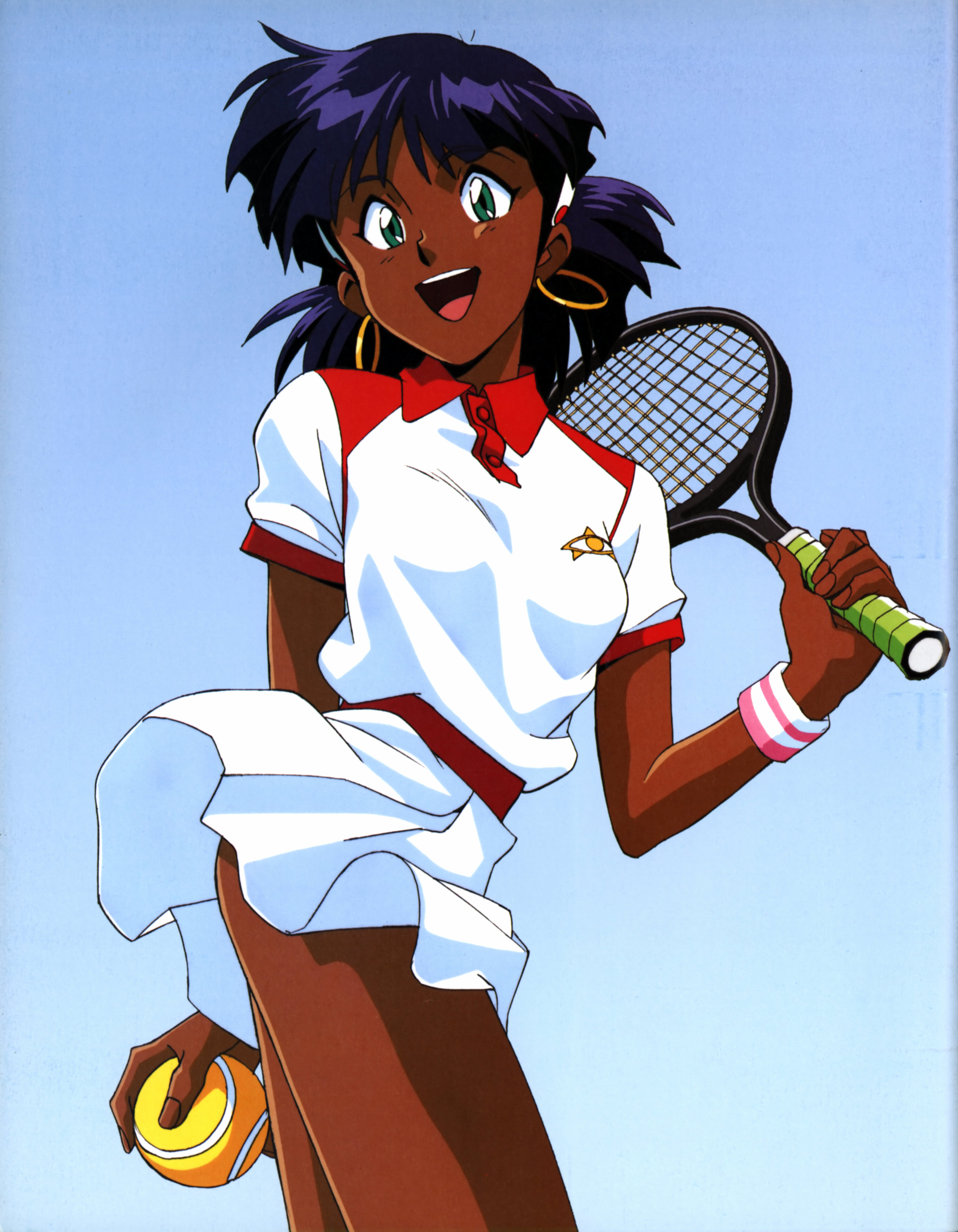 nadia la arwall, fushigi no umi no nadia, absurdres, highres, official art, 1990s (style), 1girl, ball, dark-skinned female, dark skin, dress, female focus, gradient background, green eyes, purple hair, racket, retro artstyle, short hair, solo, sportswear, tennis, tennis ball, tennis dress, tennis racket, tennis uniform