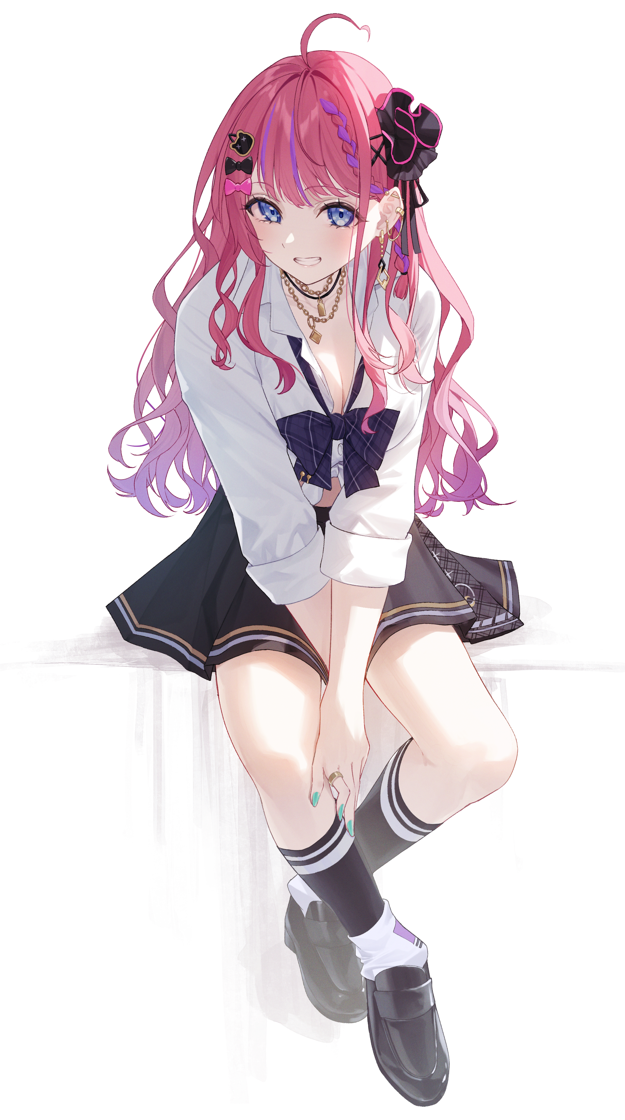 yuki hare1130, kuramochi meruto, nijisanji, absurdres, commentary, highres, symbol-only commentary, 1girl, ahoge, aqua nails, black bow, black shoes, black skirt, black socks, blue eyes, bow, bowtie, breasts, cat hair ornament, chain, chain necklace, cleavage, fingernails, full body, gradient hair, grin, hair bow, hair ornament, hairclip, hand on own leg, jewelry, kneehighs, large breasts, loafers, long hair, long sleeves, looking at viewer, loose bowtie, miniskirt, multicolored hair, nail polish, necklace, pink bow, pink hair, plaid bow, plaid bowtie, plaid clothes, purple streaks, shirt, shoes, simple background, sitting, skirt, smile, socks, solo, streaked hair, virtual youtuber, wavy hair, white background, white shirt, x hair ornament
