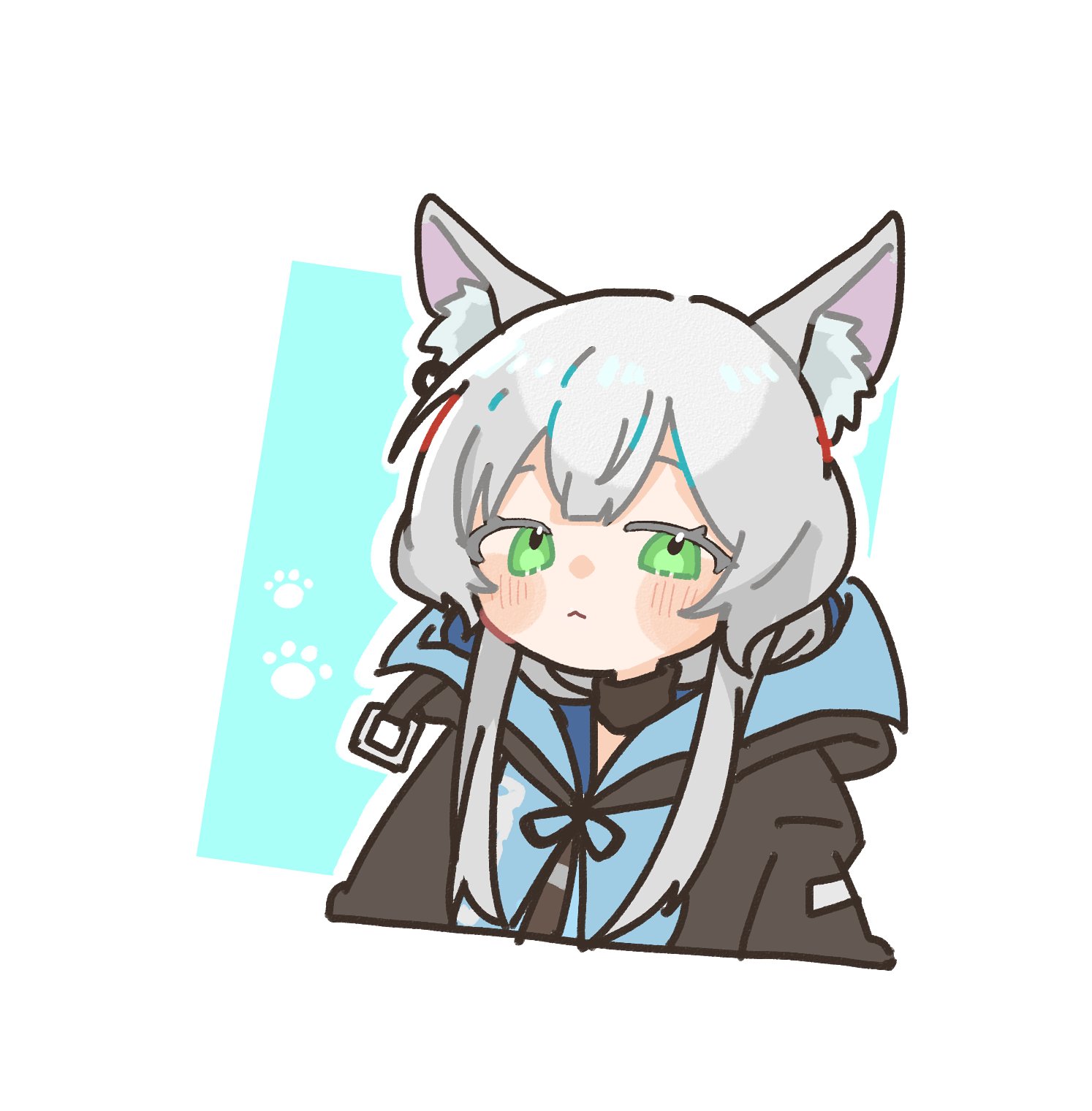 chi nata, rosmontis (arknights), arknights, highres, 1girl, :<, animal ear fluff, animal ears, black jacket, cat ears, cat girl, closed mouth, green eyes, grey hair, jacket, sidelocks, solo, upper body