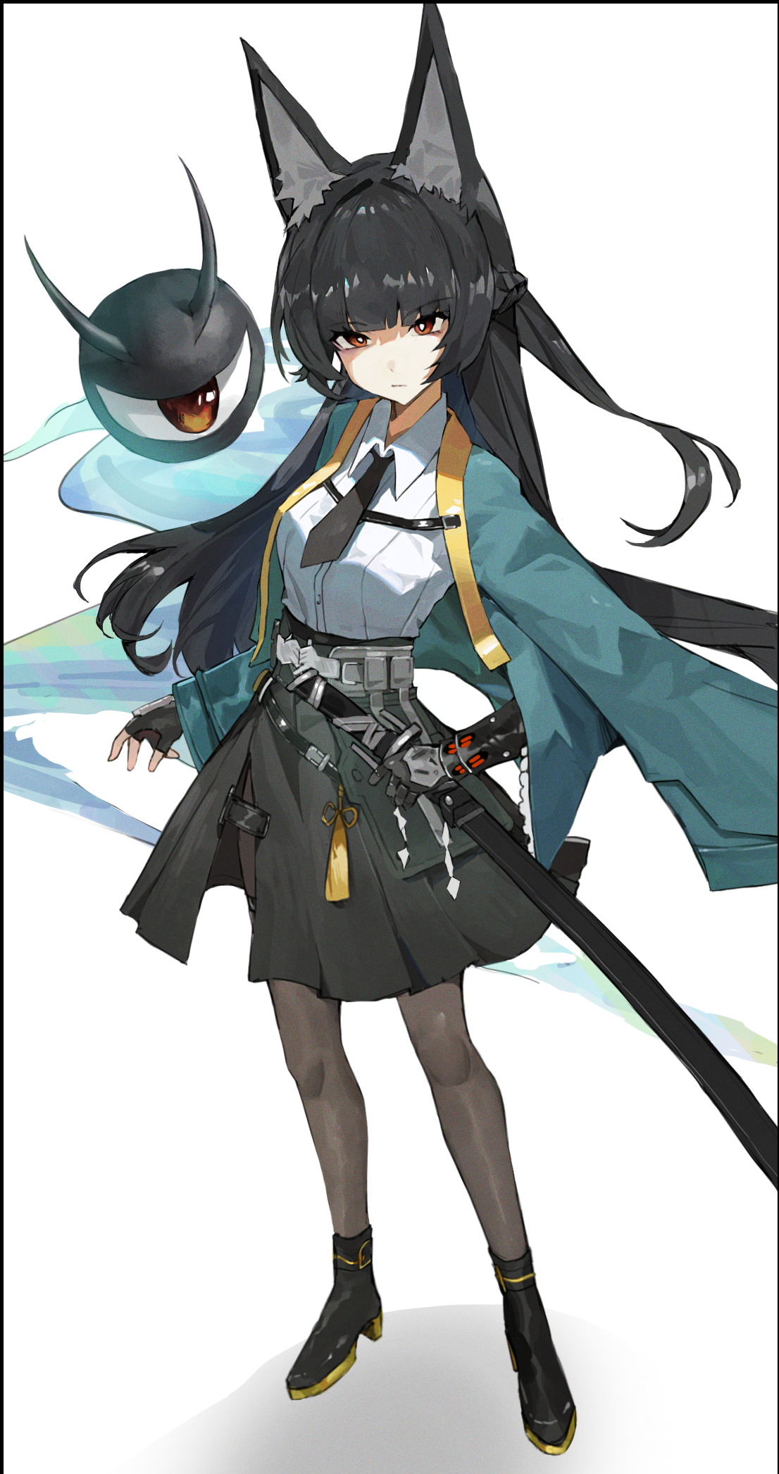 paopaot, hoshimi miyabi, tailless (zenless zone zero), zenless zone zero, highres, 1girl, animal ear fluff, animal ears, aqua jacket, arm out of sleeve, belt, black hair, black necktie, black shoes, fingerless gloves, fox ears, fox girl, gauntlets, gloves, green jacket, high-waist skirt, holding, holding sword, holding weapon, jacket, katana, long hair, necktie, red eyes, shirt, shoes, single fingerless glove, single gauntlet, skirt, standing, sword, weapon, white background, white shirt