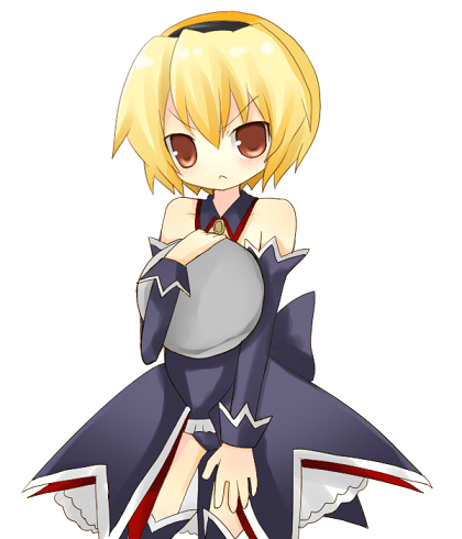 yuzuki (yuduame), houjou satoko, higurashi no naku koro ni, lowres, 00s, 1girl, :<, angel mort, blonde hair, detached collar, detached sleeves, female focus, hairband, short hair, simple background, solo, thighhighs, tray, waitress, white background, yellow eyes